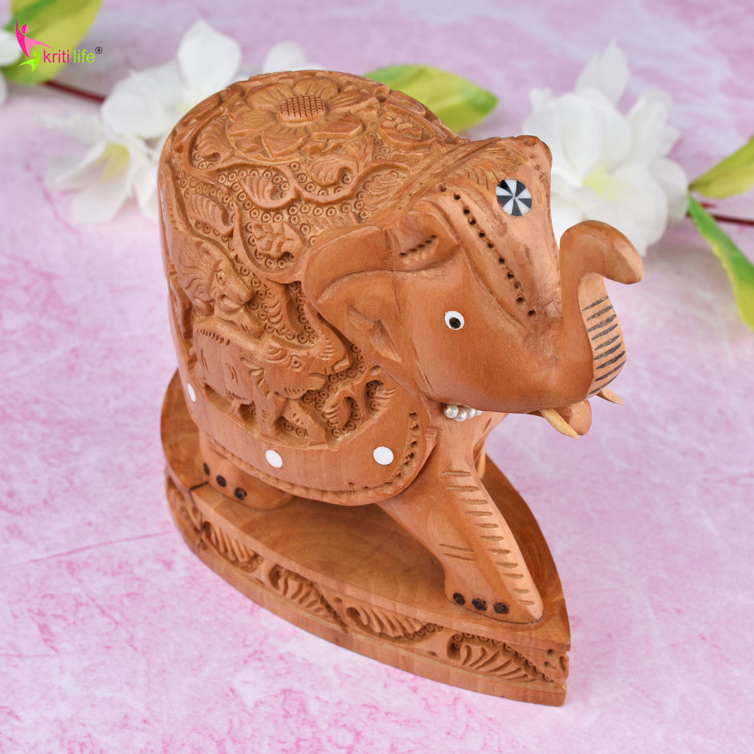 Wooden Elephant Showpiece | Detailed Animal Carving Decor- 5.5 inches