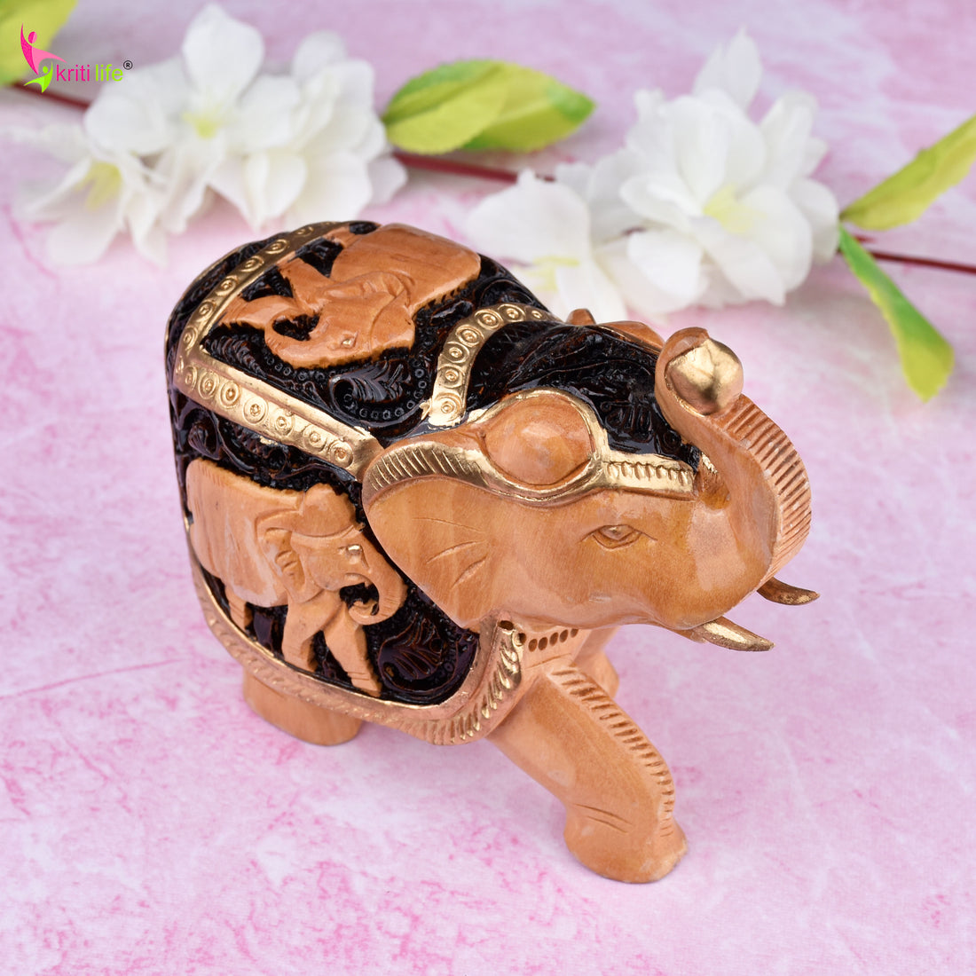 Handcrafted Wooden Elephant with Baby Elephant Carving | Natural Finish Decor-5 inches