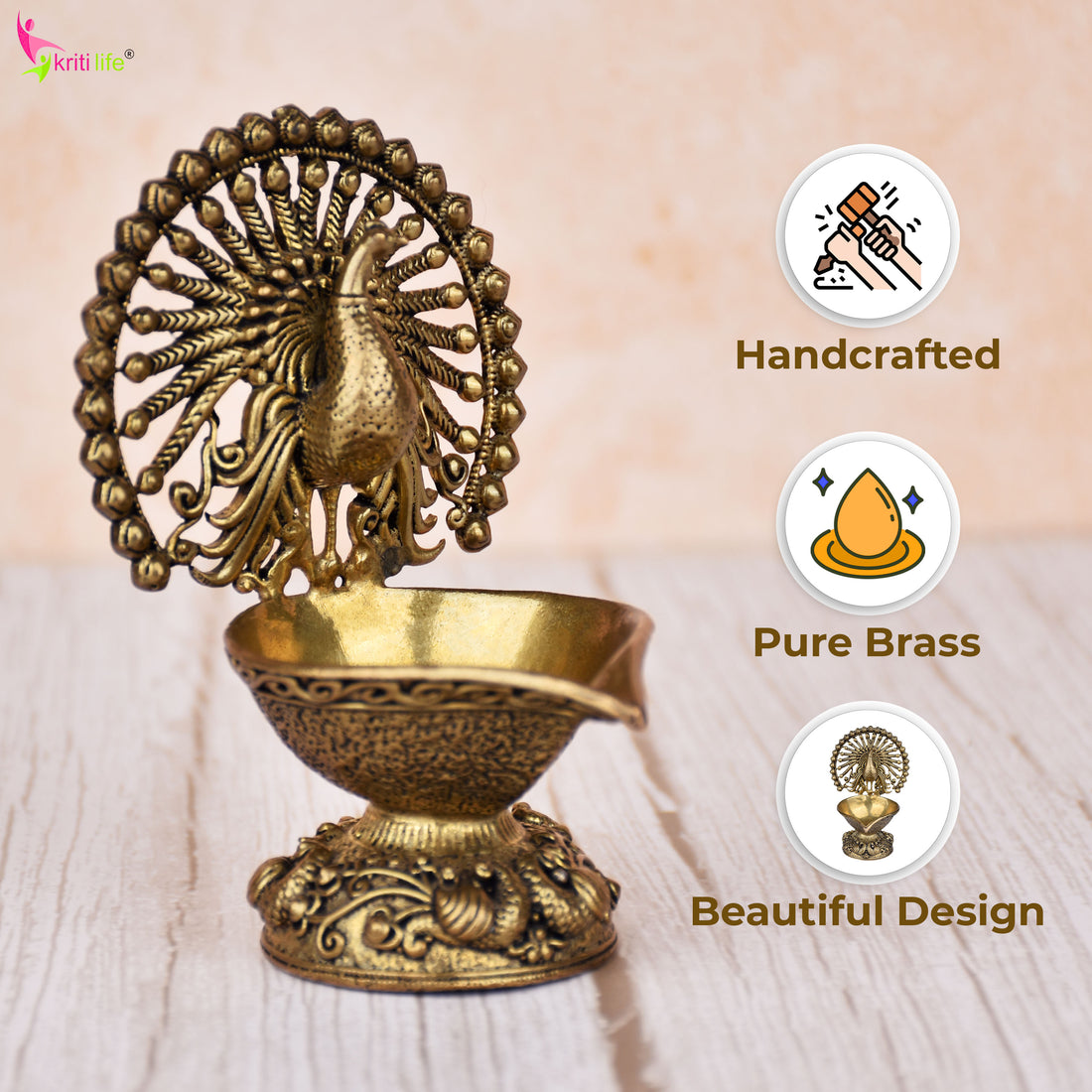 Brass Peacock Design Diya – Traditional Oil Lamp 4 inches for Pooja, Home & Festive Décor