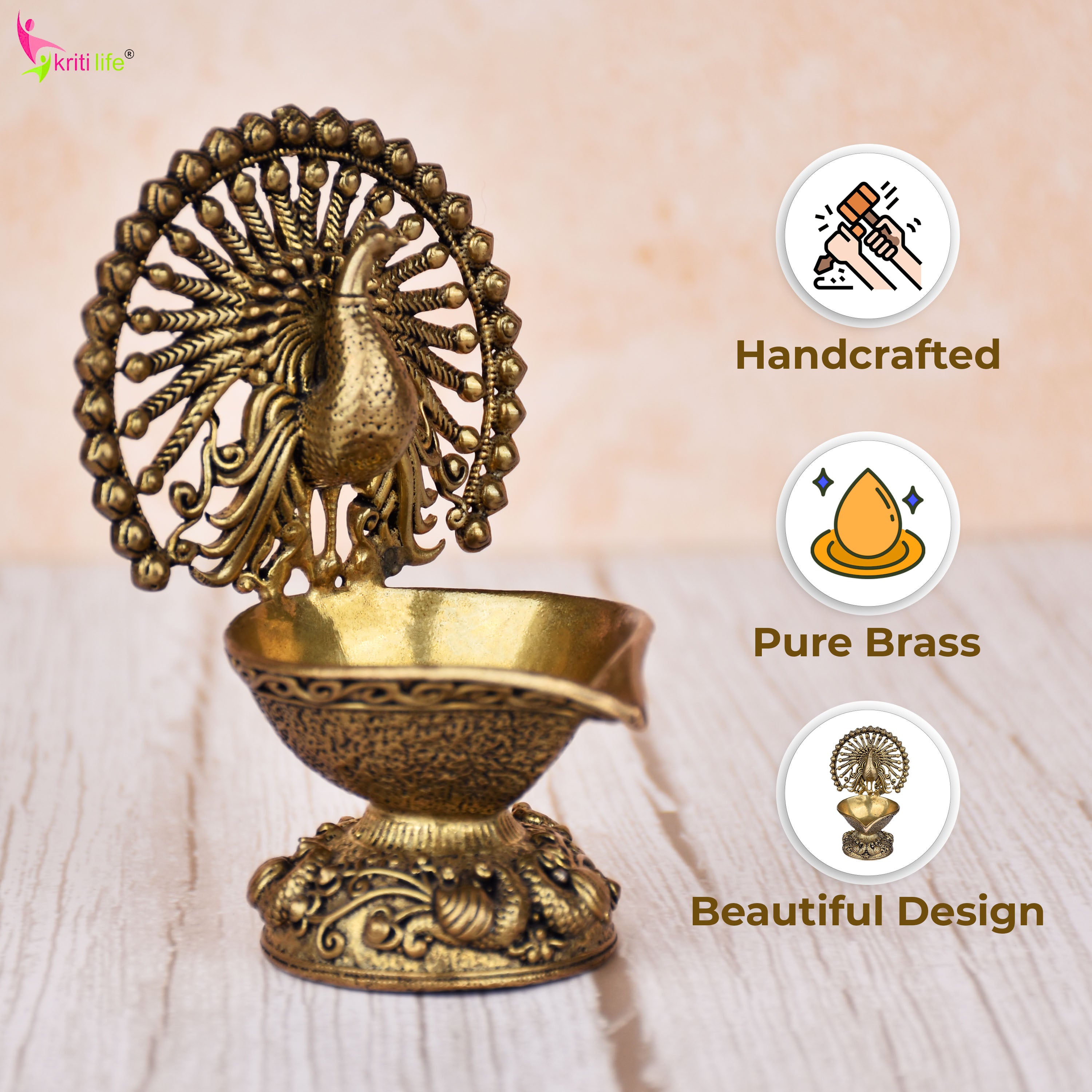 Brass Peacock Design Diya – Traditional Oil Lamp 4 inches for Pooja, Home & Festive Décor