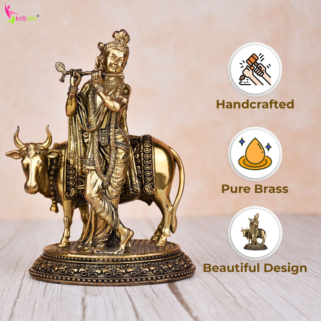 Brass Krishna with Cow Idol – Divine Spiritual Figurine 6.5 inches for Home & Office Décor