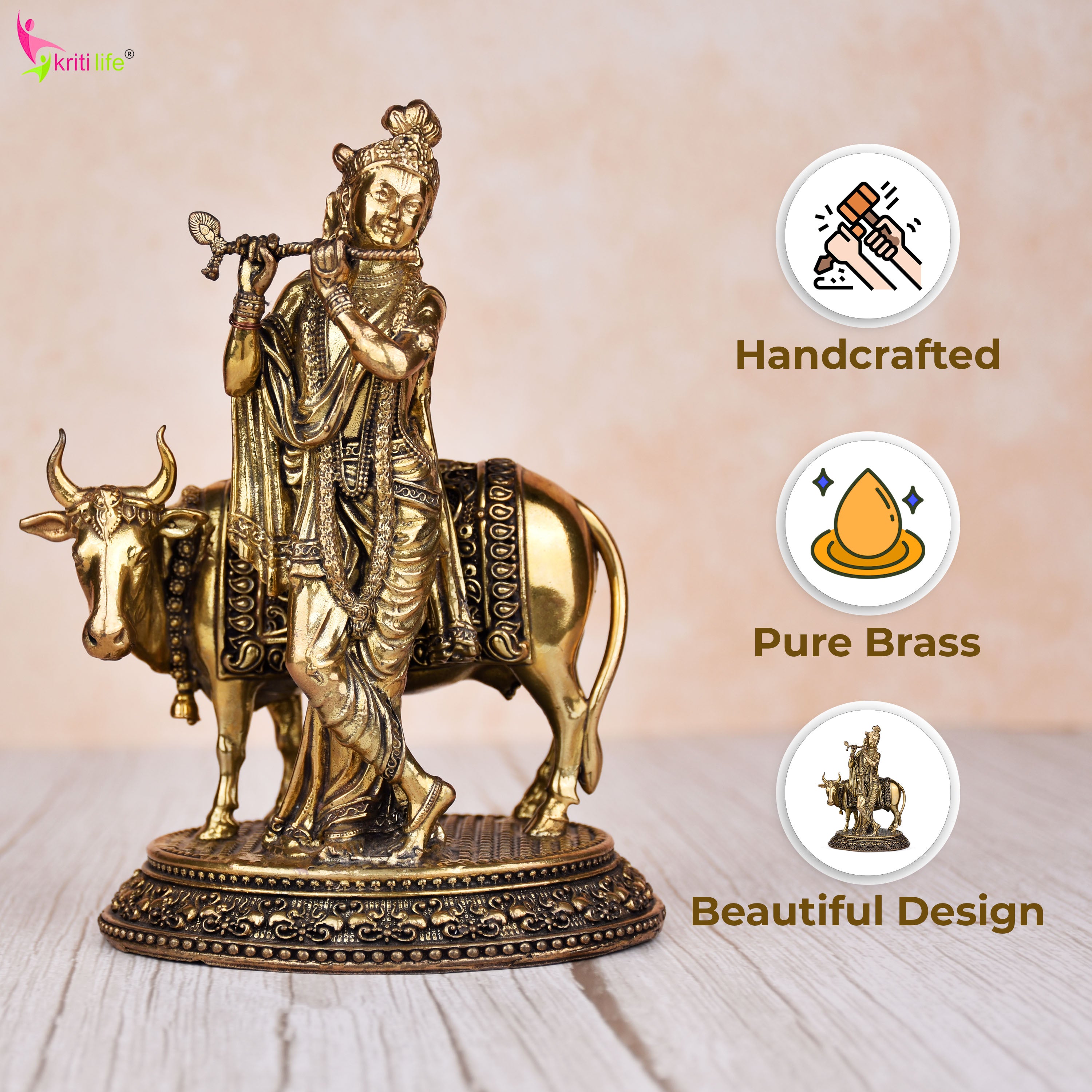 Brass Krishna with Cow Idol – Divine Spiritual Figurine 6.5 inches for Home & Office Décor