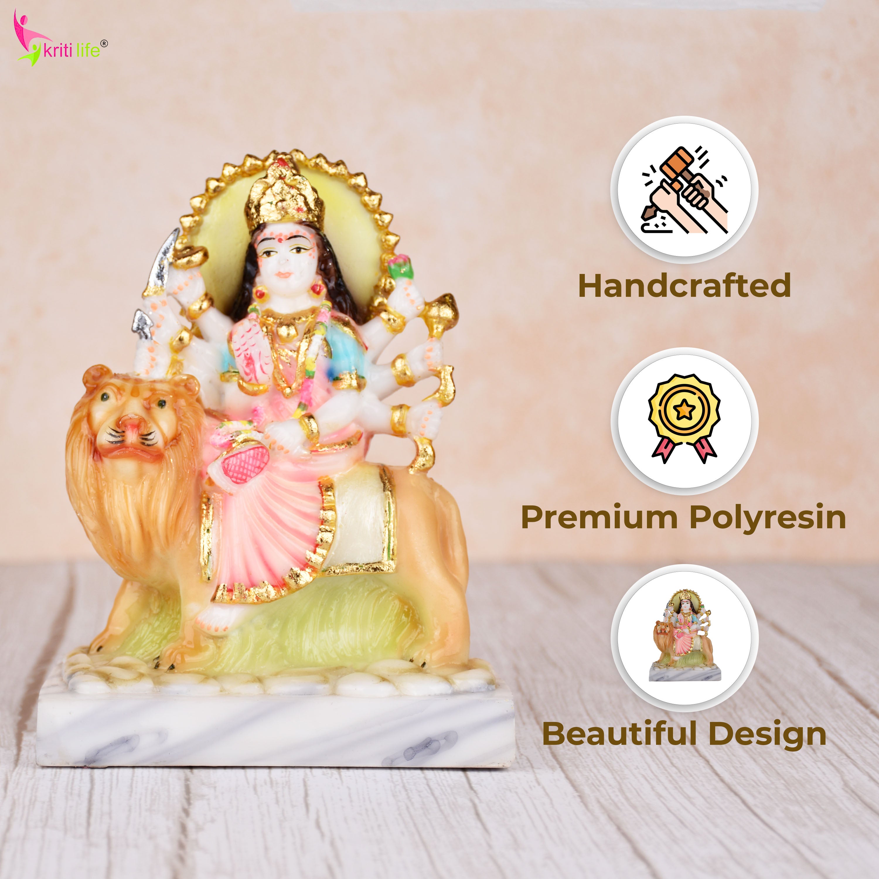 Divine Durga Maa Idol on Lion | 6.5 inches | – Handcrafted Polyresin Murti for Pooja, Home Temple & Gifting