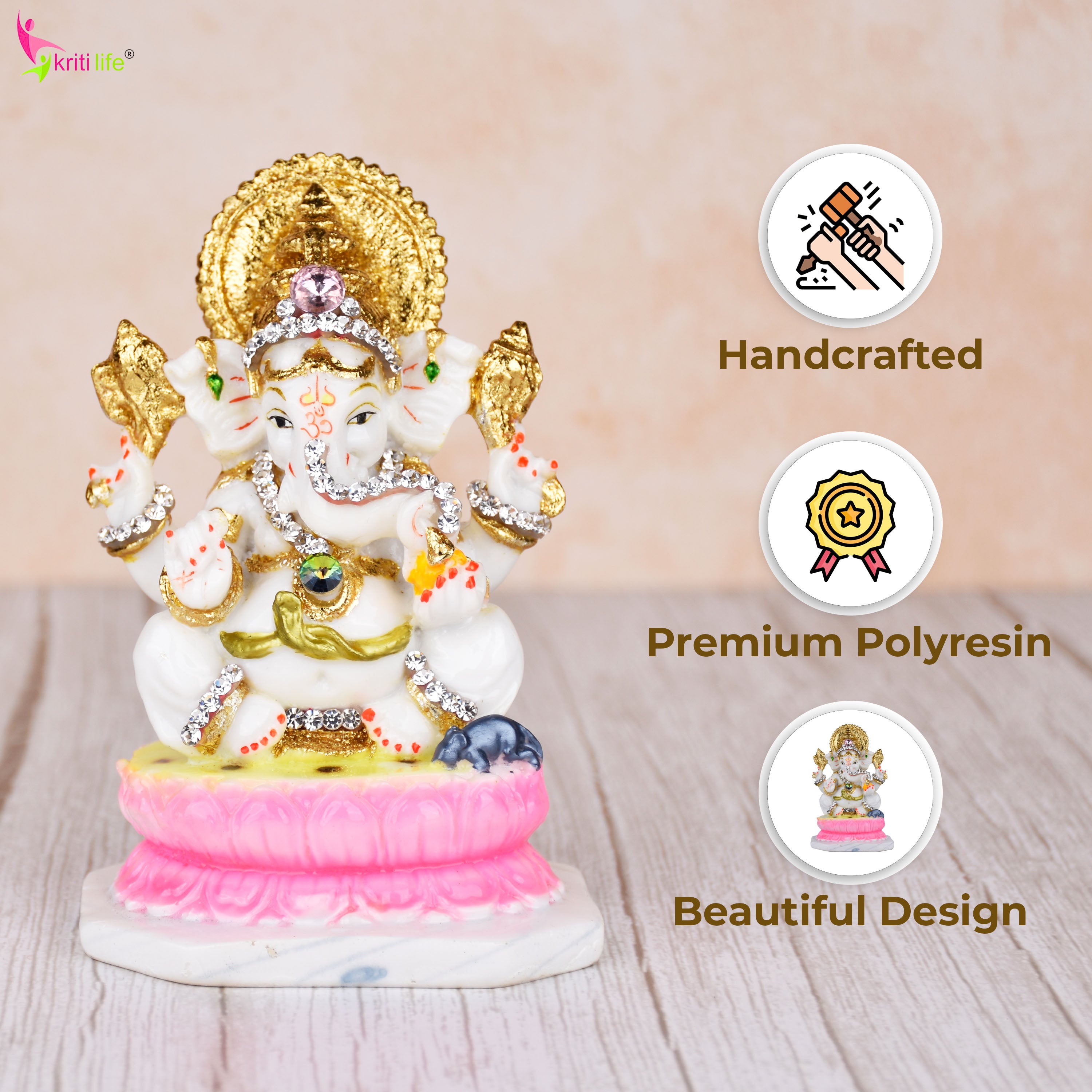 Lord Ganesha Idol – Decorative Polyresin Statue with Stones & Pink Lotus Base - 5.5 inches