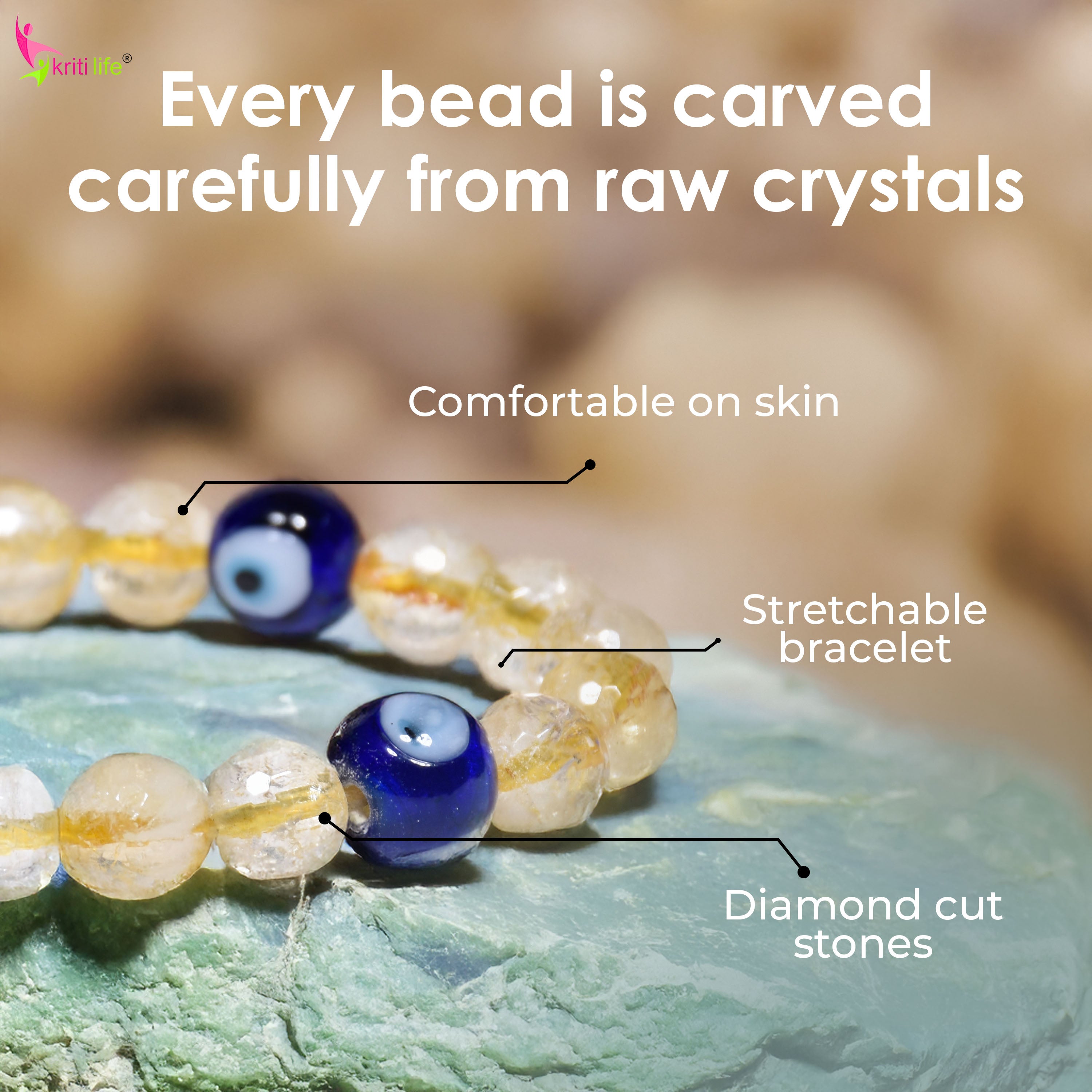 Natural Citrine & Evil Eye Stone Bracelet for Prosperity, Protection - 8mm