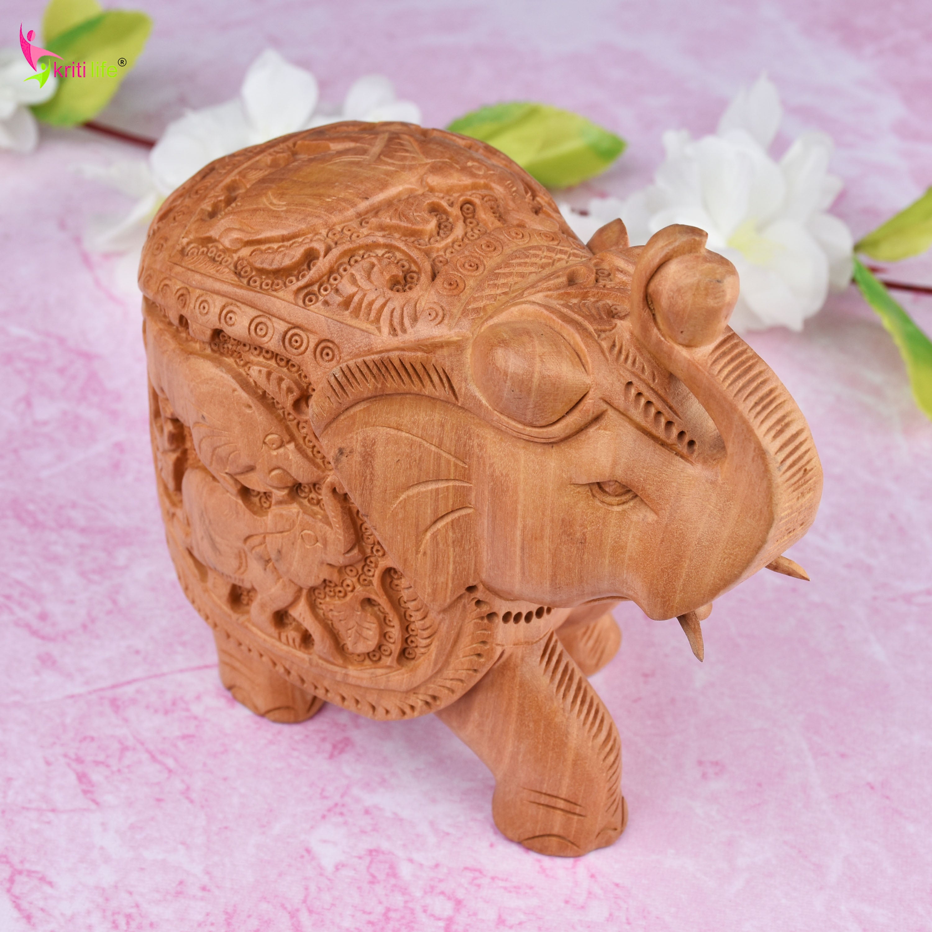 Handcrafted Wooden Elephant Showpiece | Intricate Animal Carving Decor- 6 inches