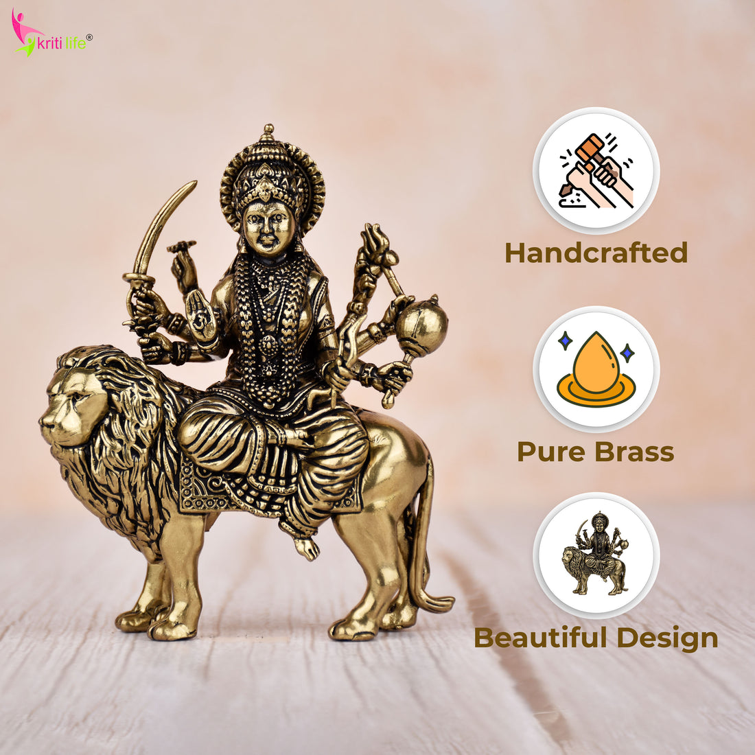 Brass Goddess Durga Idol on Lion | 3 inches | Handcrafted Divine Shakti Statue for Home Temple