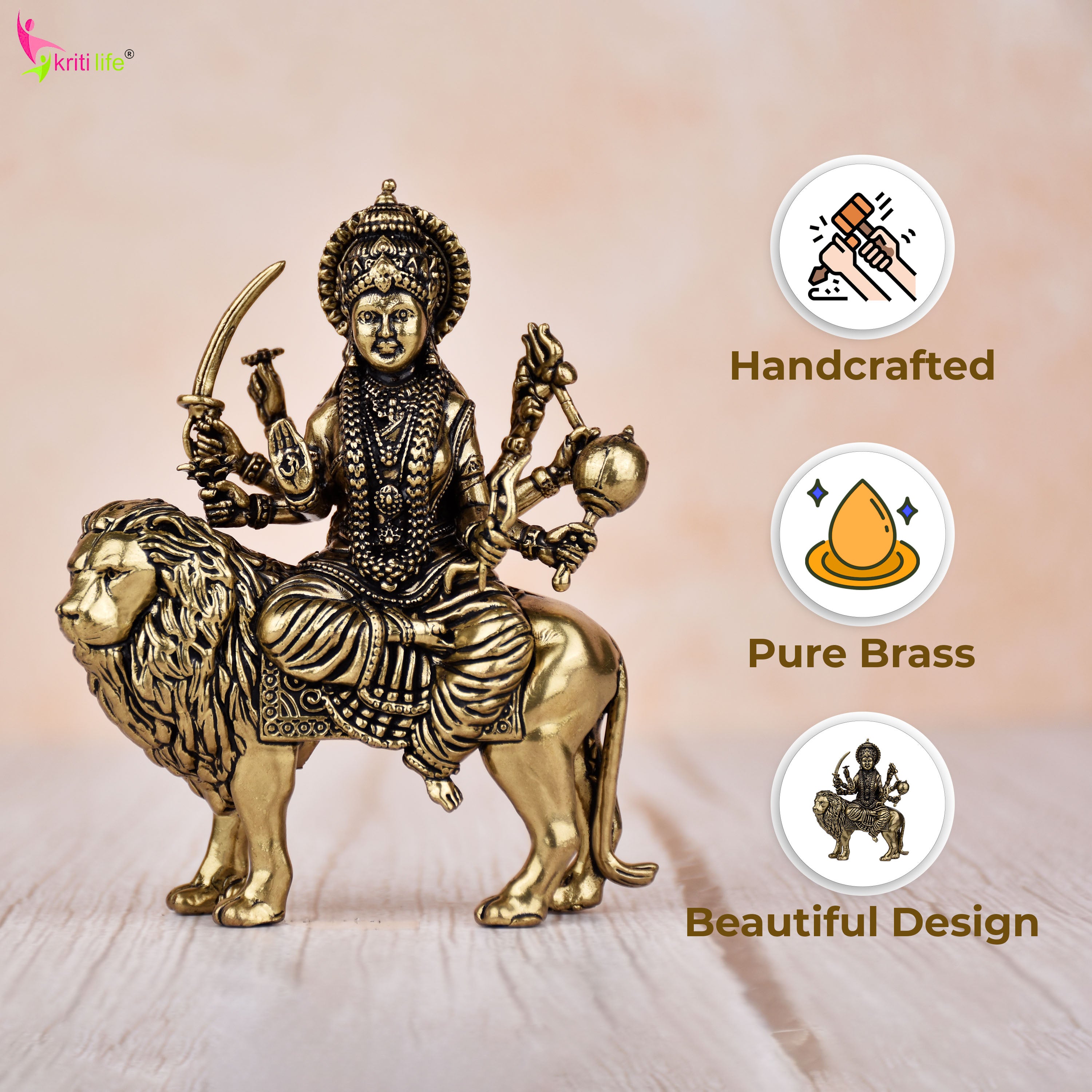 Brass Goddess Durga Idol on Lion | 3 inches | Handcrafted Divine Shakti Statue for Home Temple