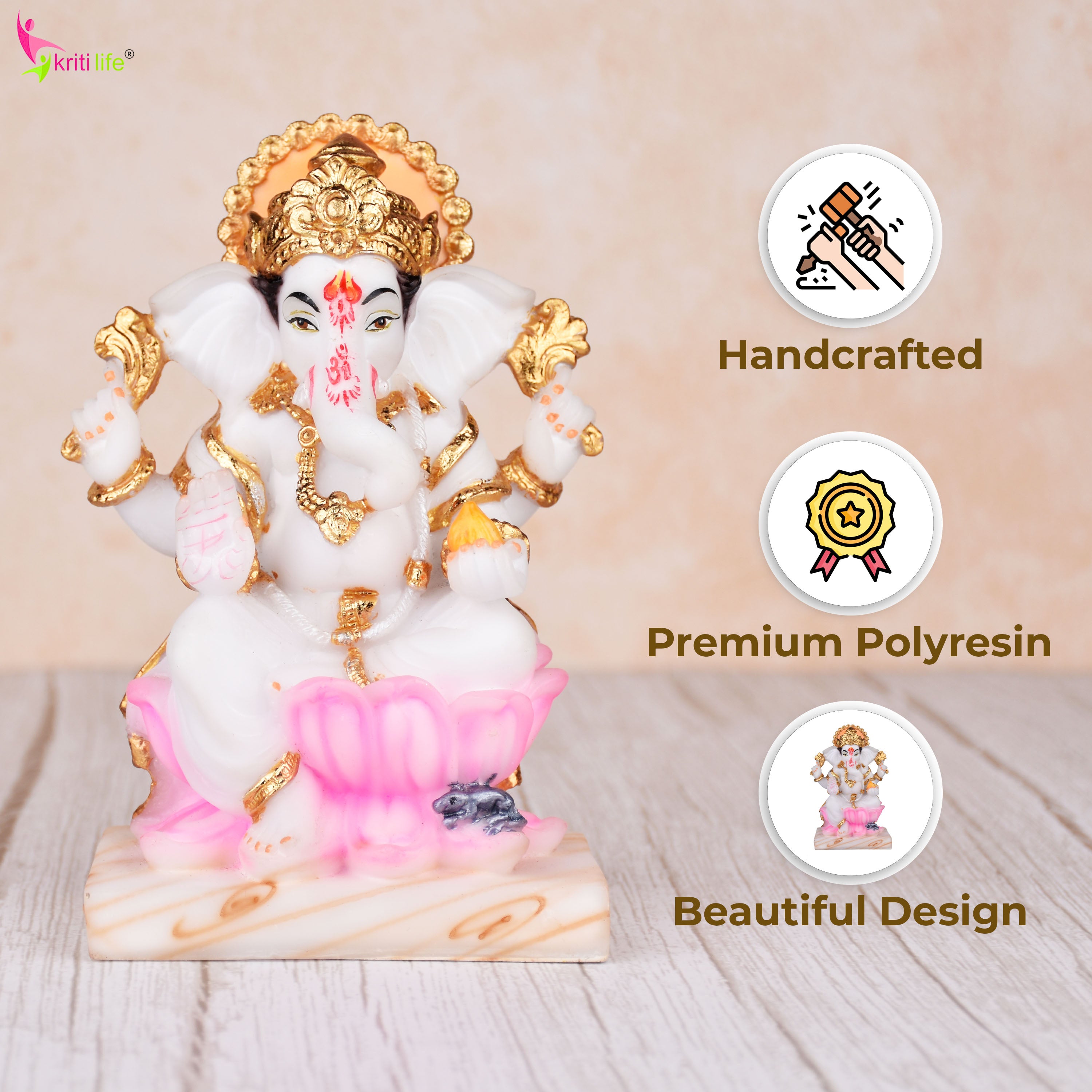 Lord Ganesha Idol in Polyresin | 6.5 inches | Sitting Ganpati Statue on Lotus with Golden Accents