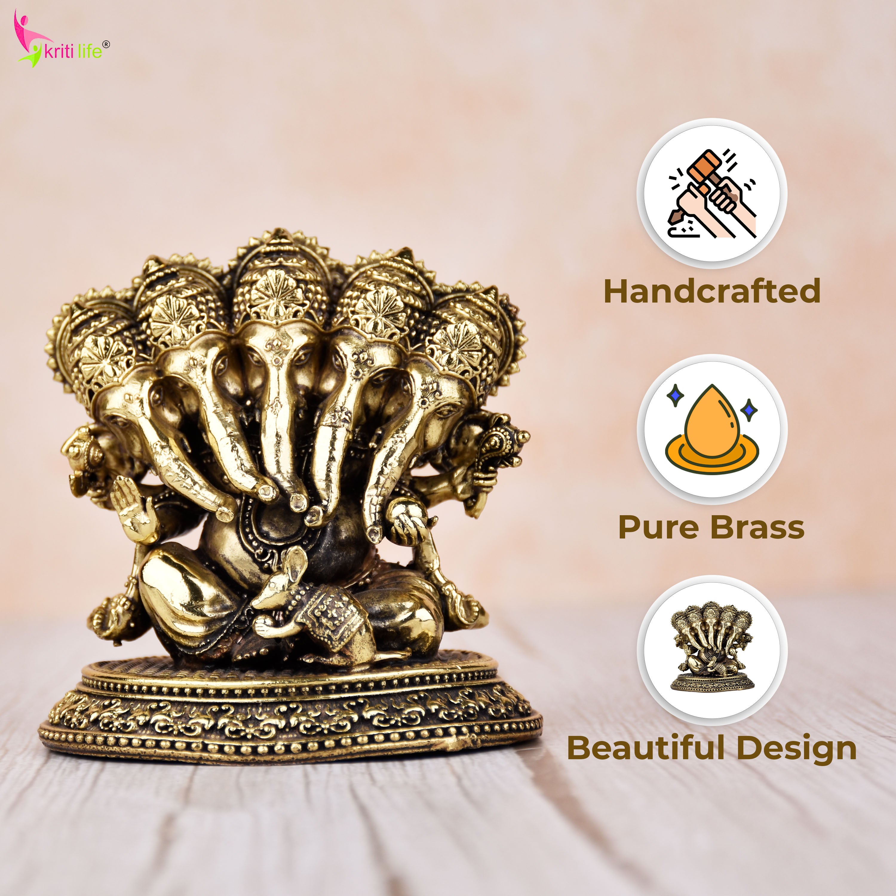 Brass Panchmukhi Ganesha Idol – Panchmukhi Ganpati Murti 3 inches for Home, Office & Pooja
