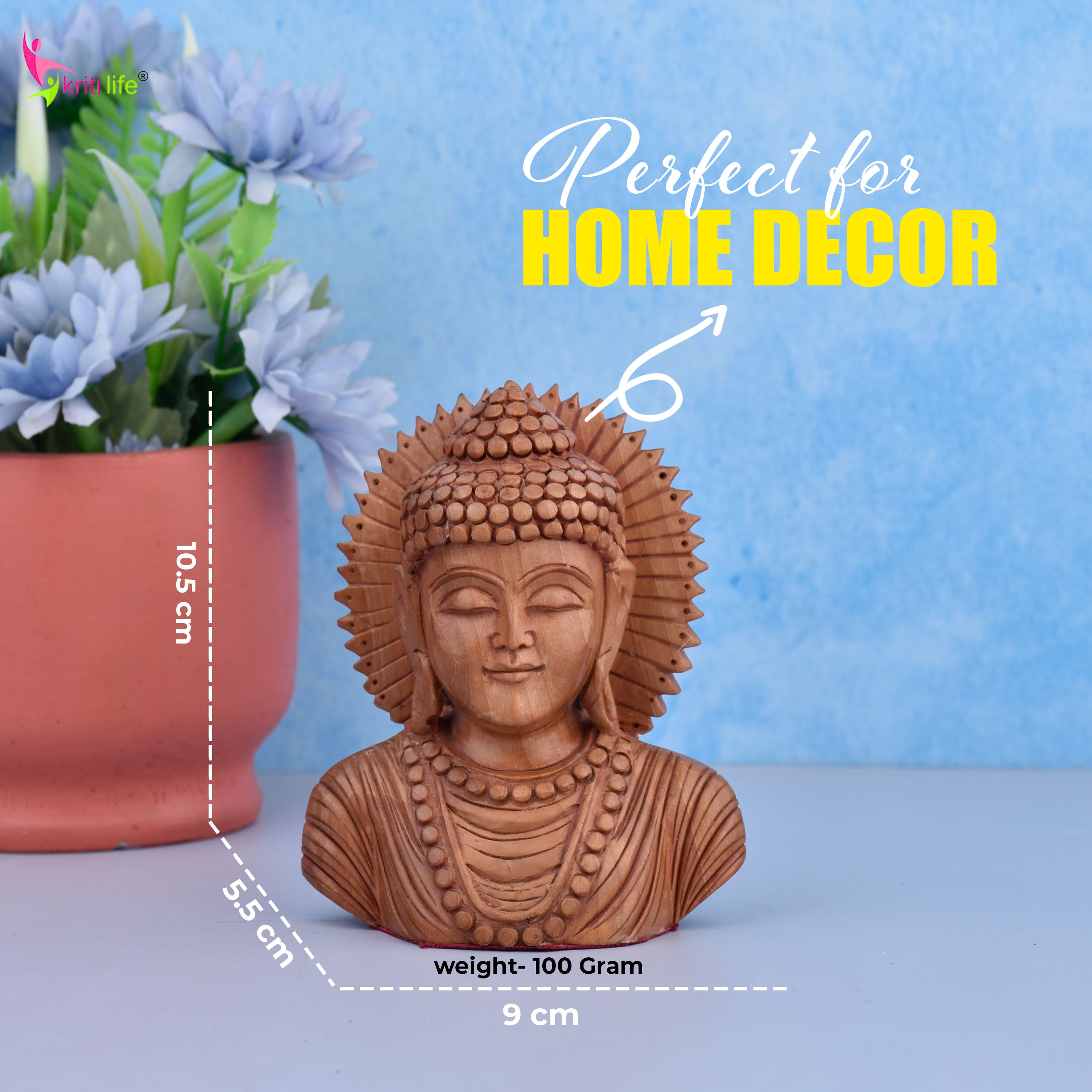 Wooden Buddha Head Showpiece  | Peaceful Decor for Home & Office- 4 inches