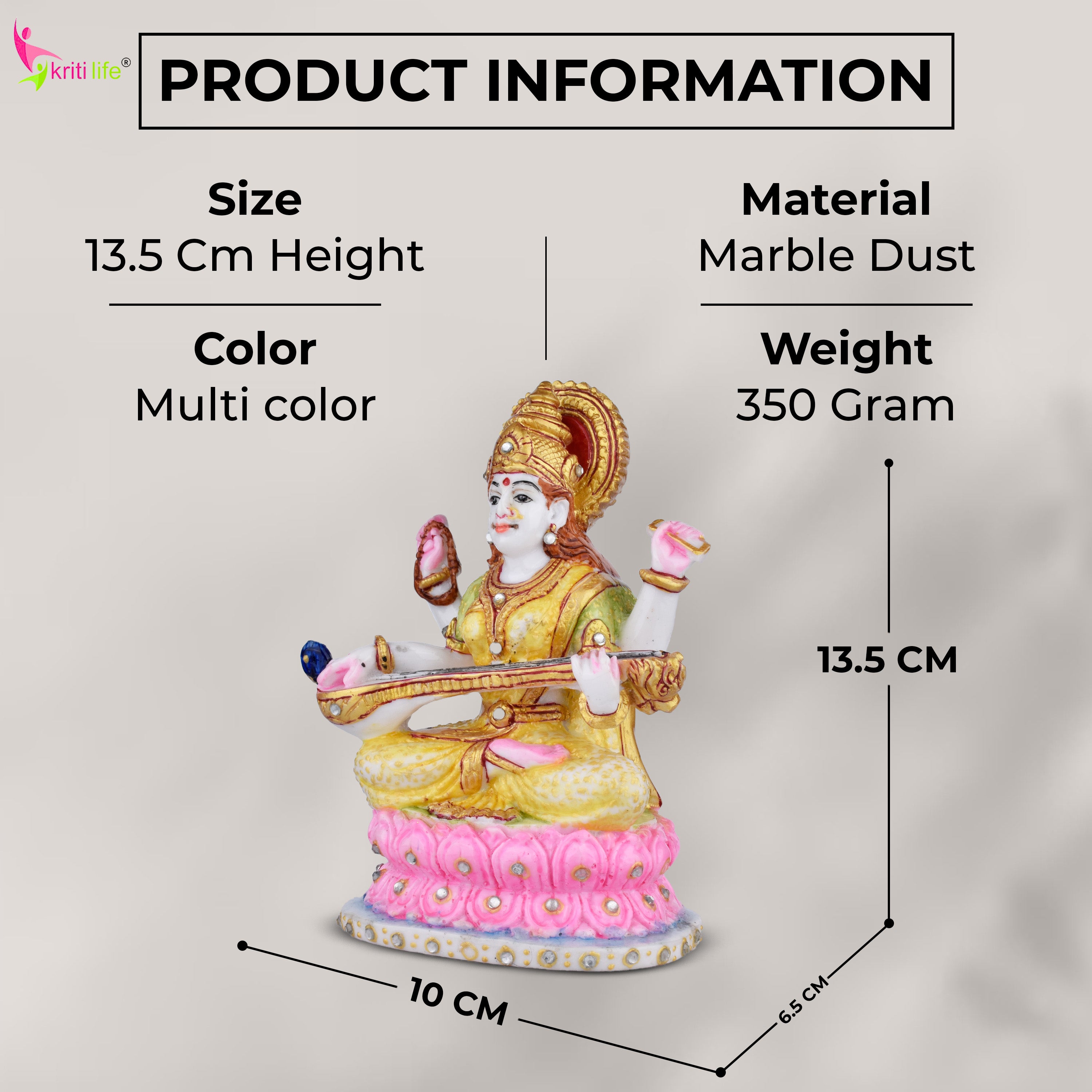 Goddess Saraswati Idol | 5 inches | – Handcrafted Marble Dust Elegant Decorative Statue for Home & Study Room