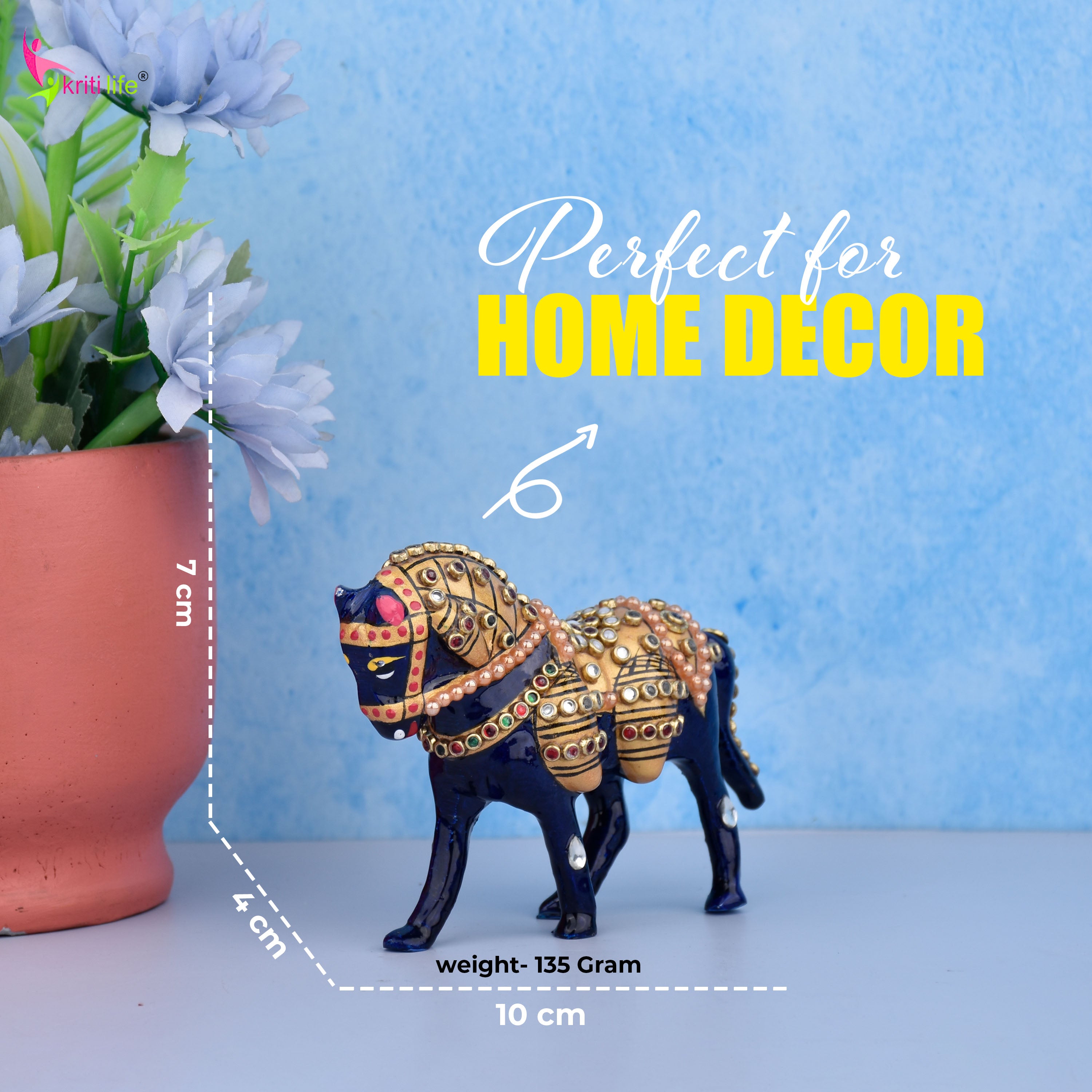 Handcrafted Aluminium Horse Showpiece | Ethnic Decor with Stonework - 3.5 inches