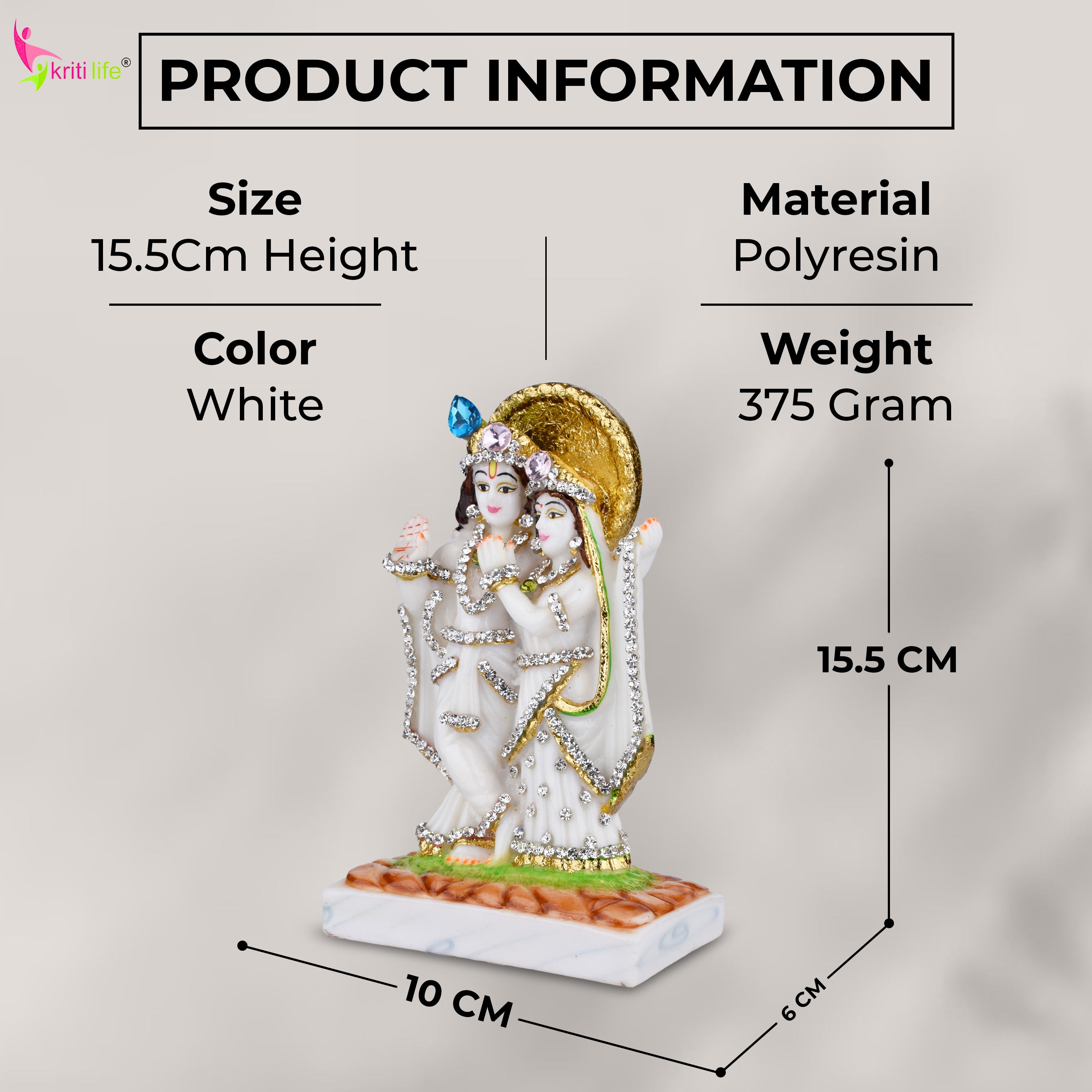 Radha Krishna Idol – Polyresin Statue 6 inches with Stone Work for Home Décor & Mandir
