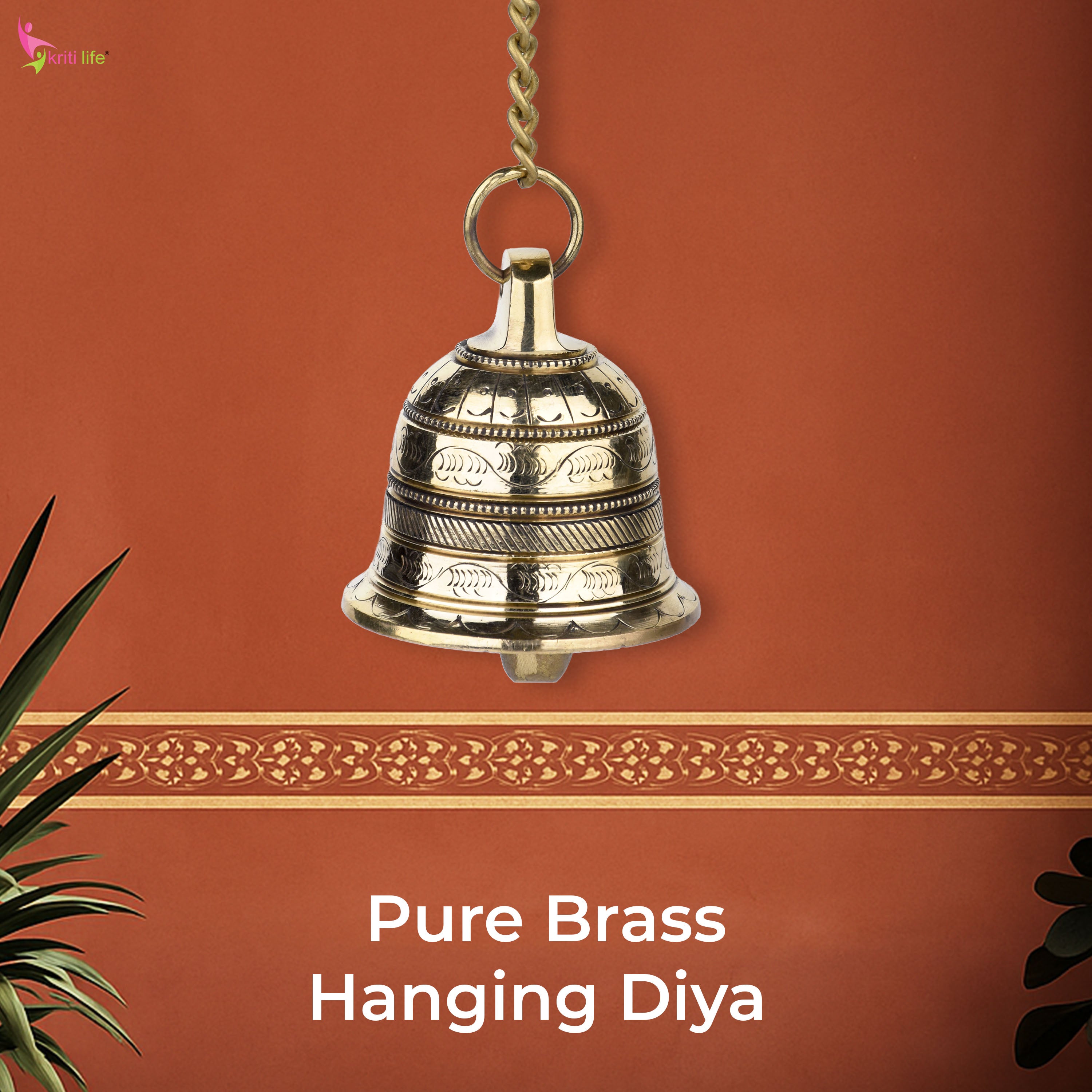 Brass Hanging Temple Bell with Chain | Wall Mount Ghanti for Pooja Room | 43 cm Hight