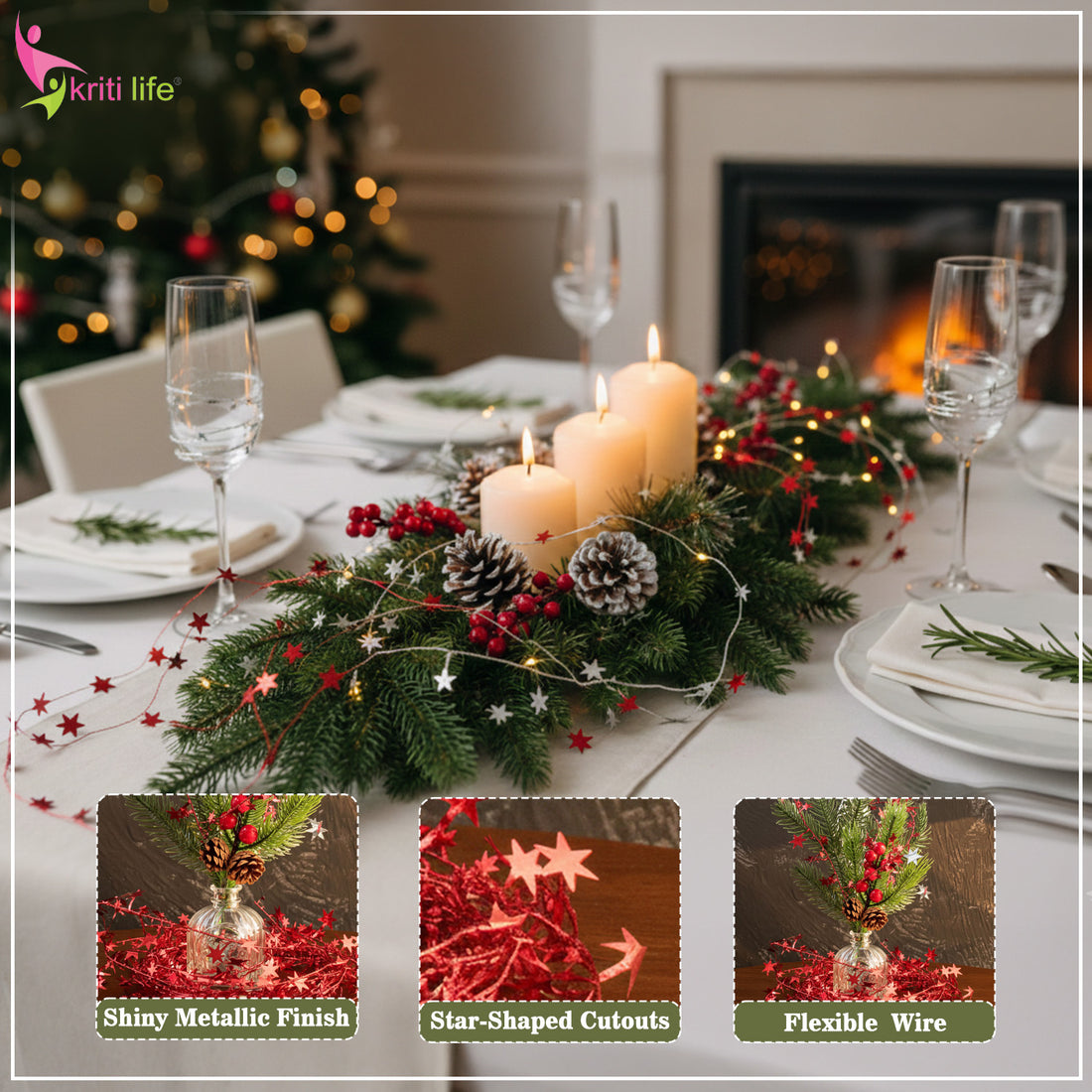 Metallic Star Garland for Christmas Tree & Home Décor – Red / Silver