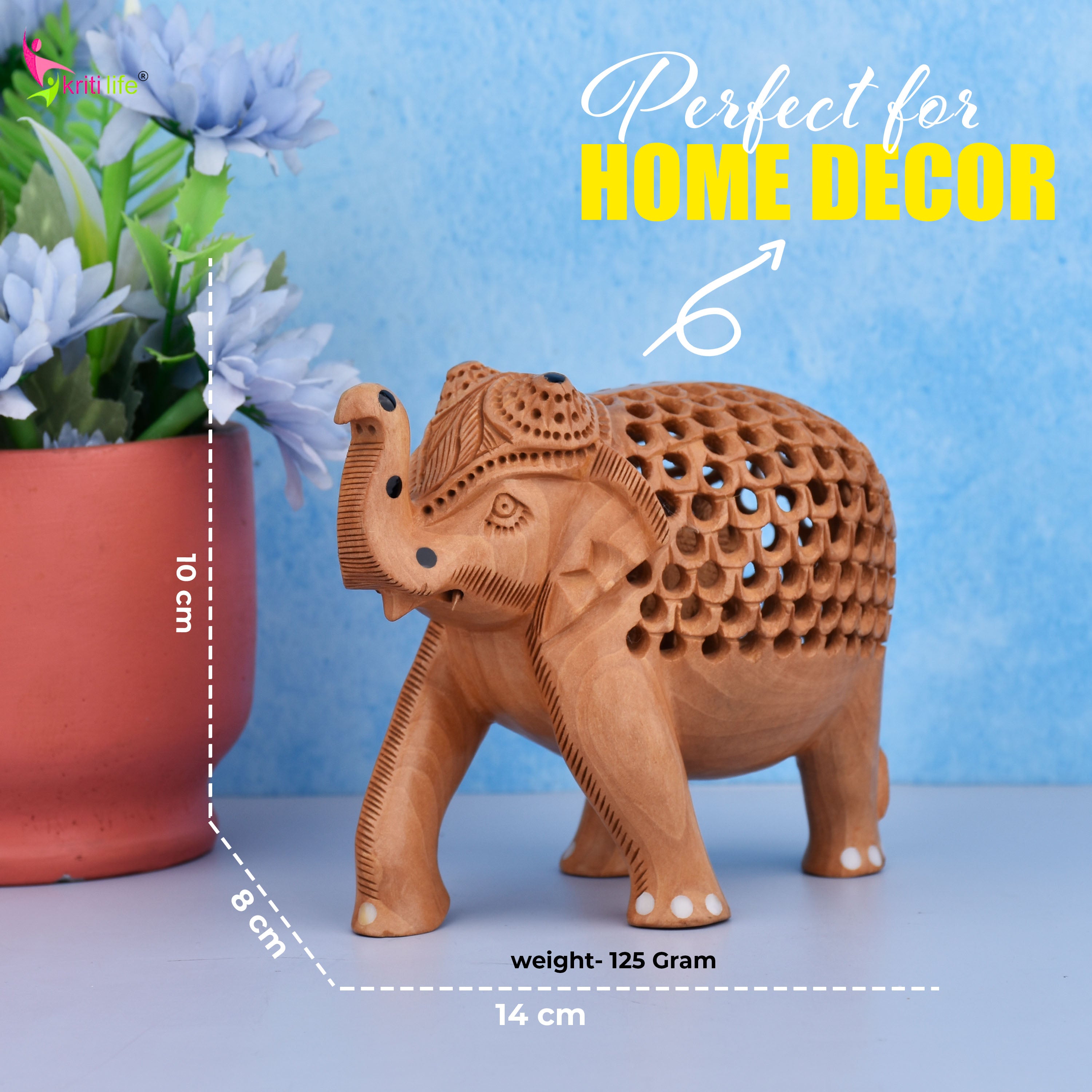 Handcrafted Wooden Jali Work Elephant | Baby Elephant Inside | Natural Wood Finish-5.5 inches