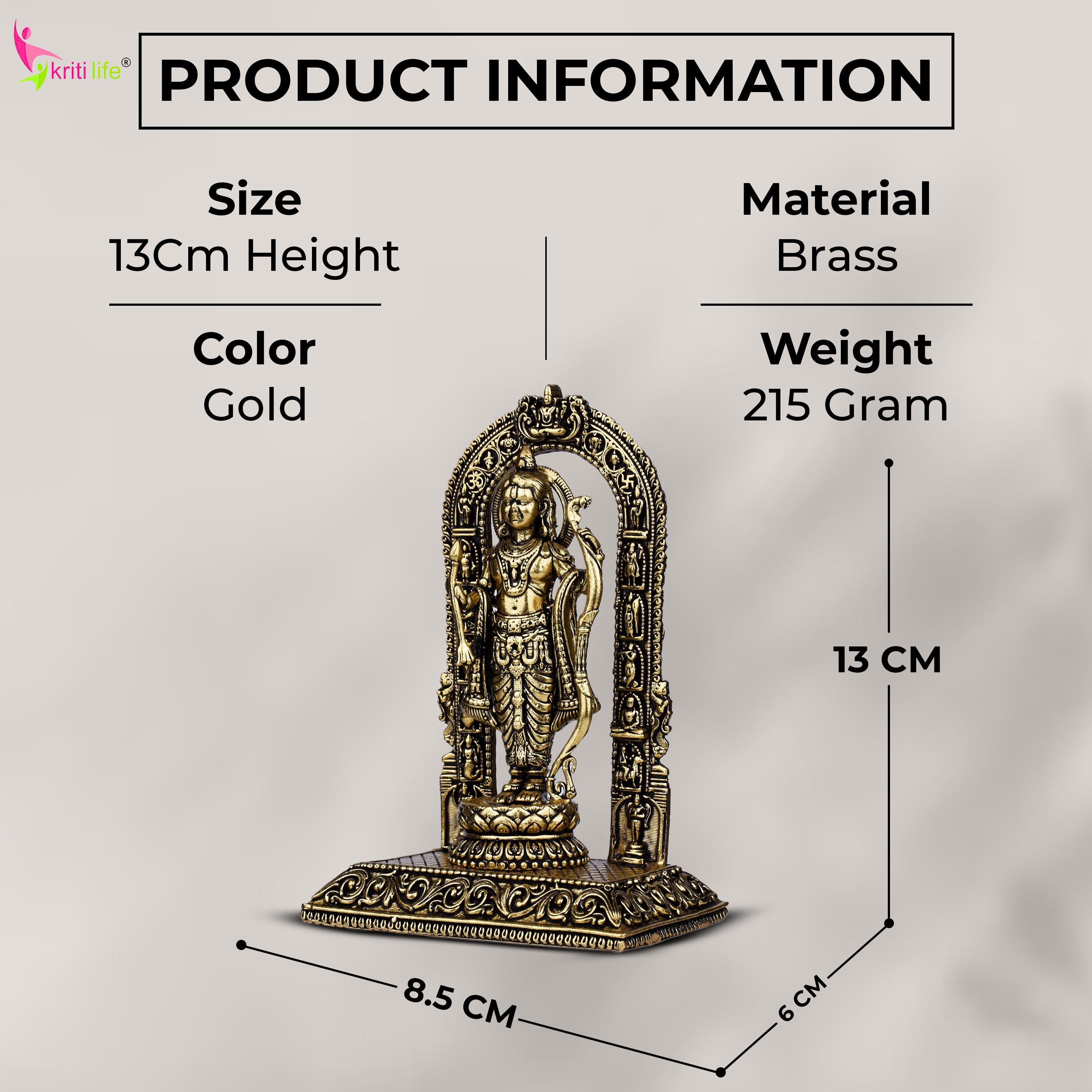 Brass Ram Lalla Idol – |  5 inches | Handcrafted Hindu God Statue for Home Temple & Decor