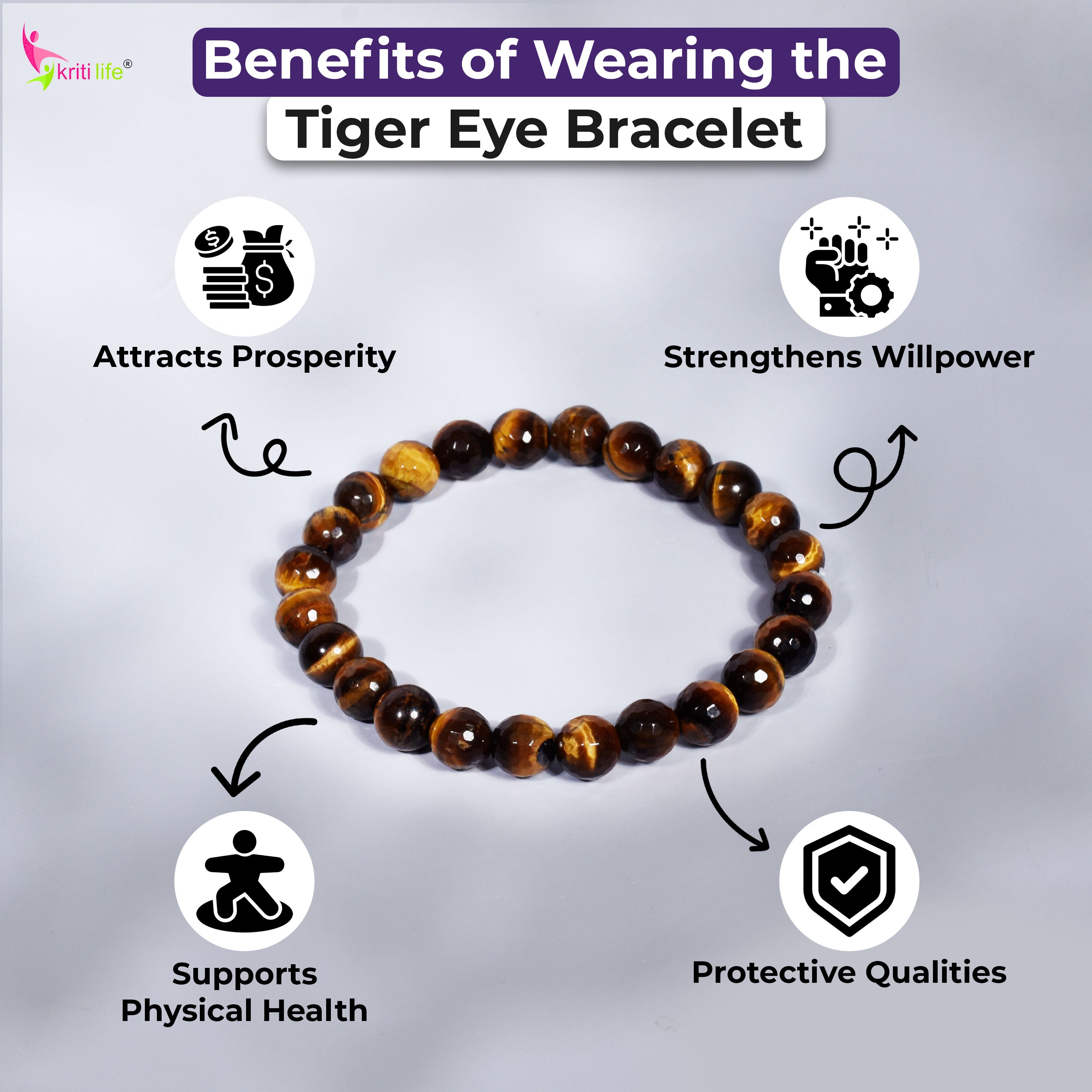 Natural Tiger Eye Crystal Stone Bracelet 8mm – Confidence, Focus & Protection