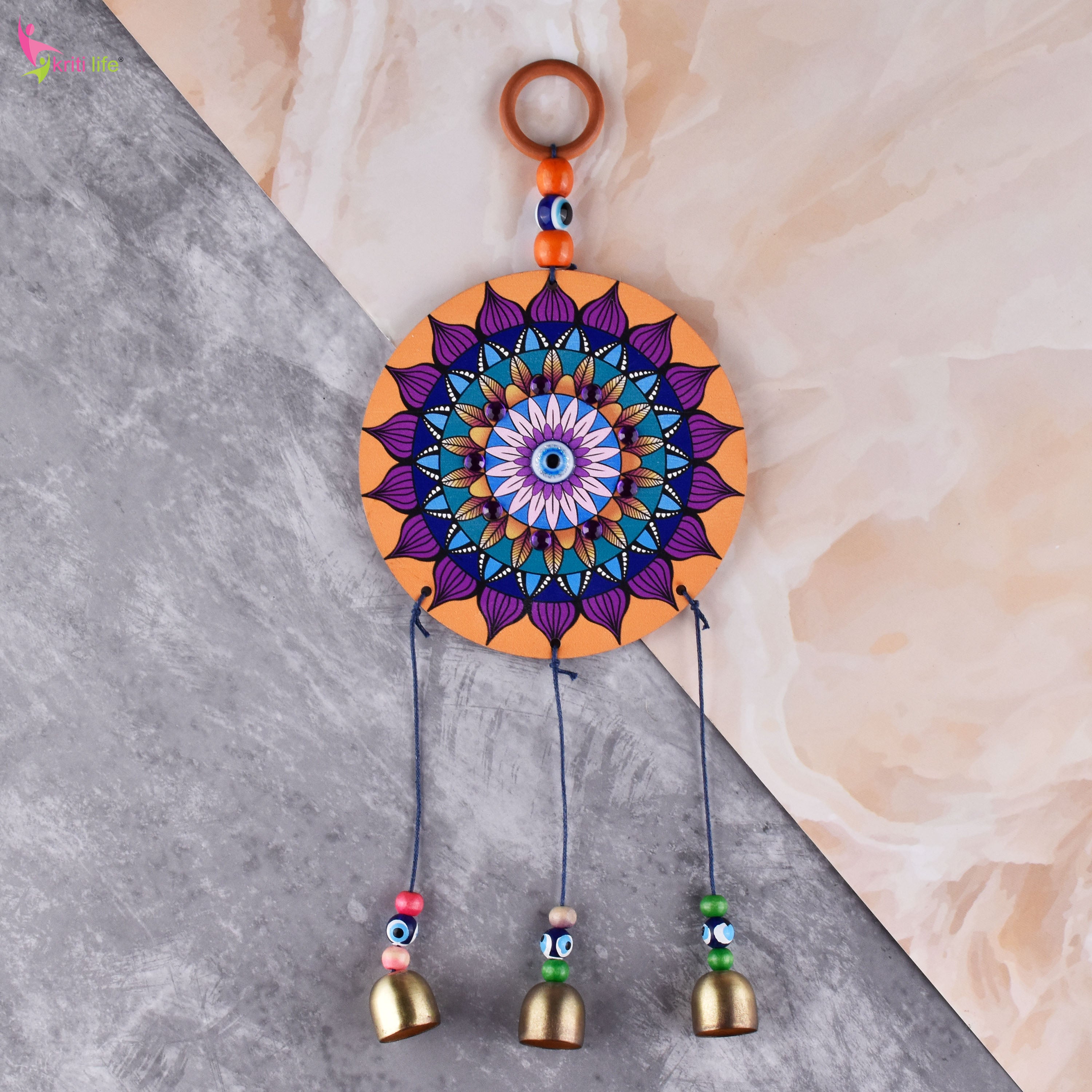 Evil Eye Hanging with Mandala Design | Wall Hanging with Bells for Positive Energy & Home Decor- 30 cm Hight