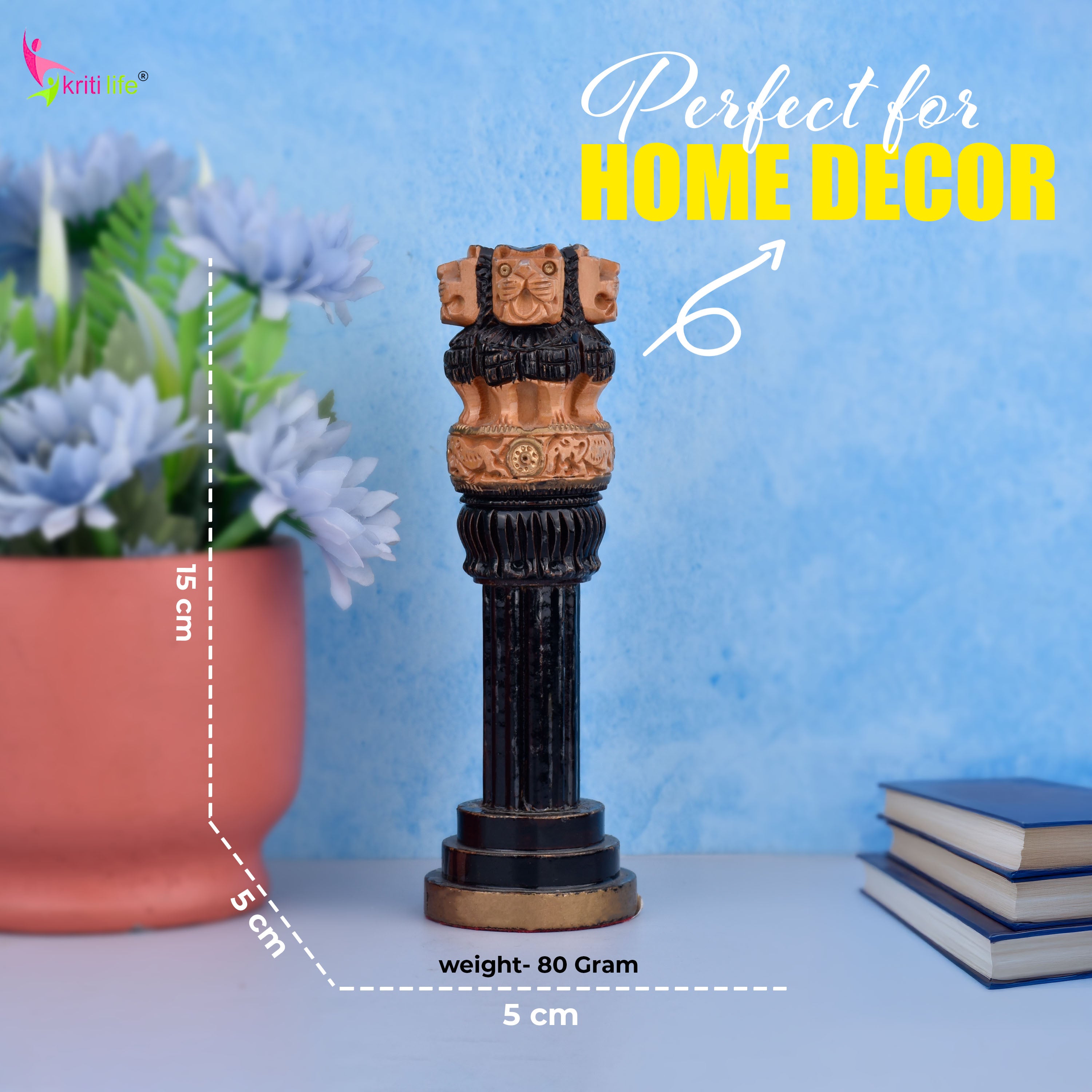 Wooden Ashok Stambh | National Emblem with Black & Natural Finish- 6 inches