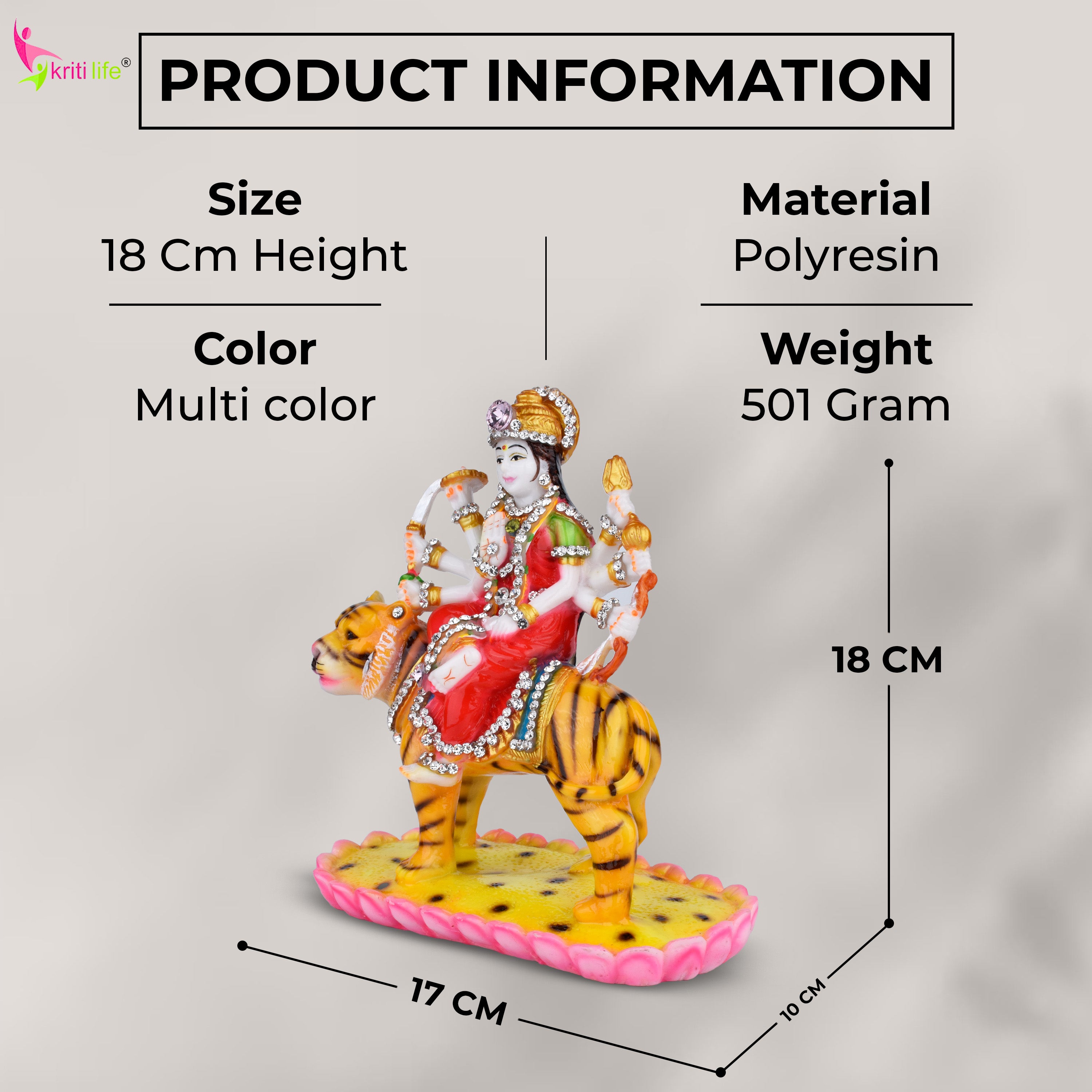 Goddess Durga Idol on Tiger – Polyresin Statue with Decorative Stones for Home Temple & Navratri | 7 inches