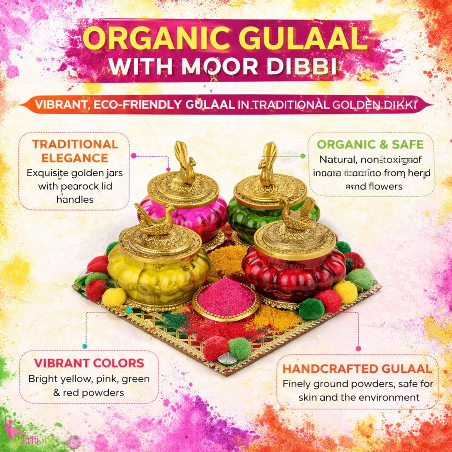 Holi Harble Gulal Pack of 4 | Decorative Herbal Gulal Jars with Golden Lid