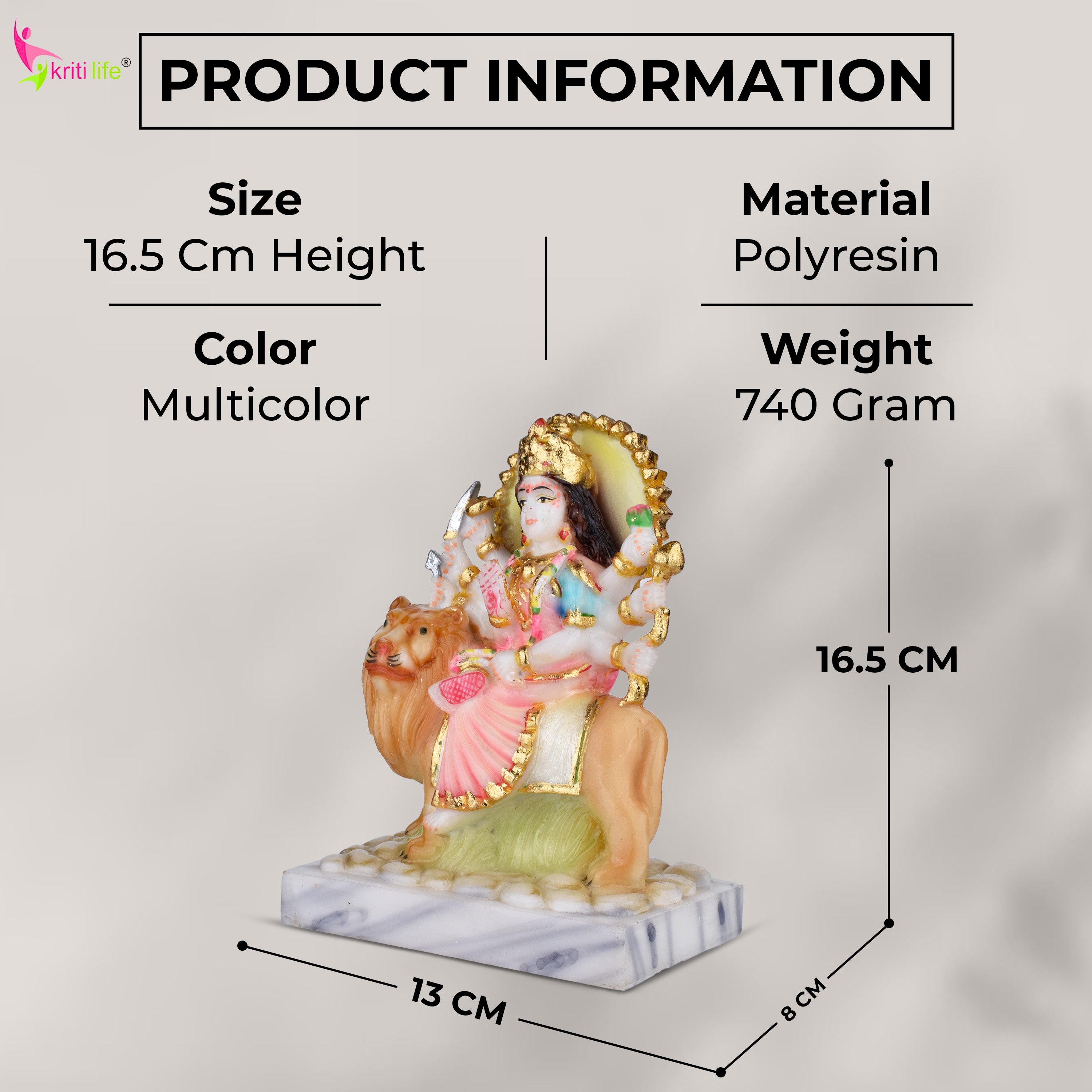 Divine Durga Maa Idol on Lion | 6.5 inches | – Handcrafted Polyresin Murti for Pooja, Home Temple & Gifting