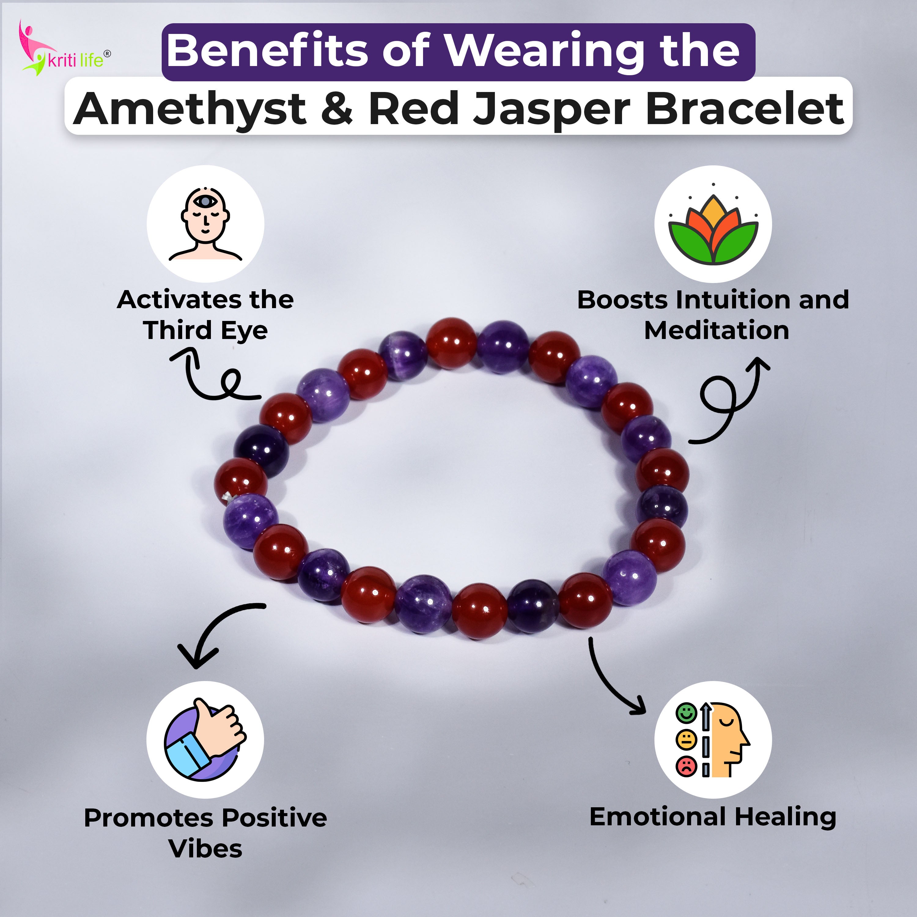 Natural Amethyst & Red Jasper Crystal Bracelet 8mm