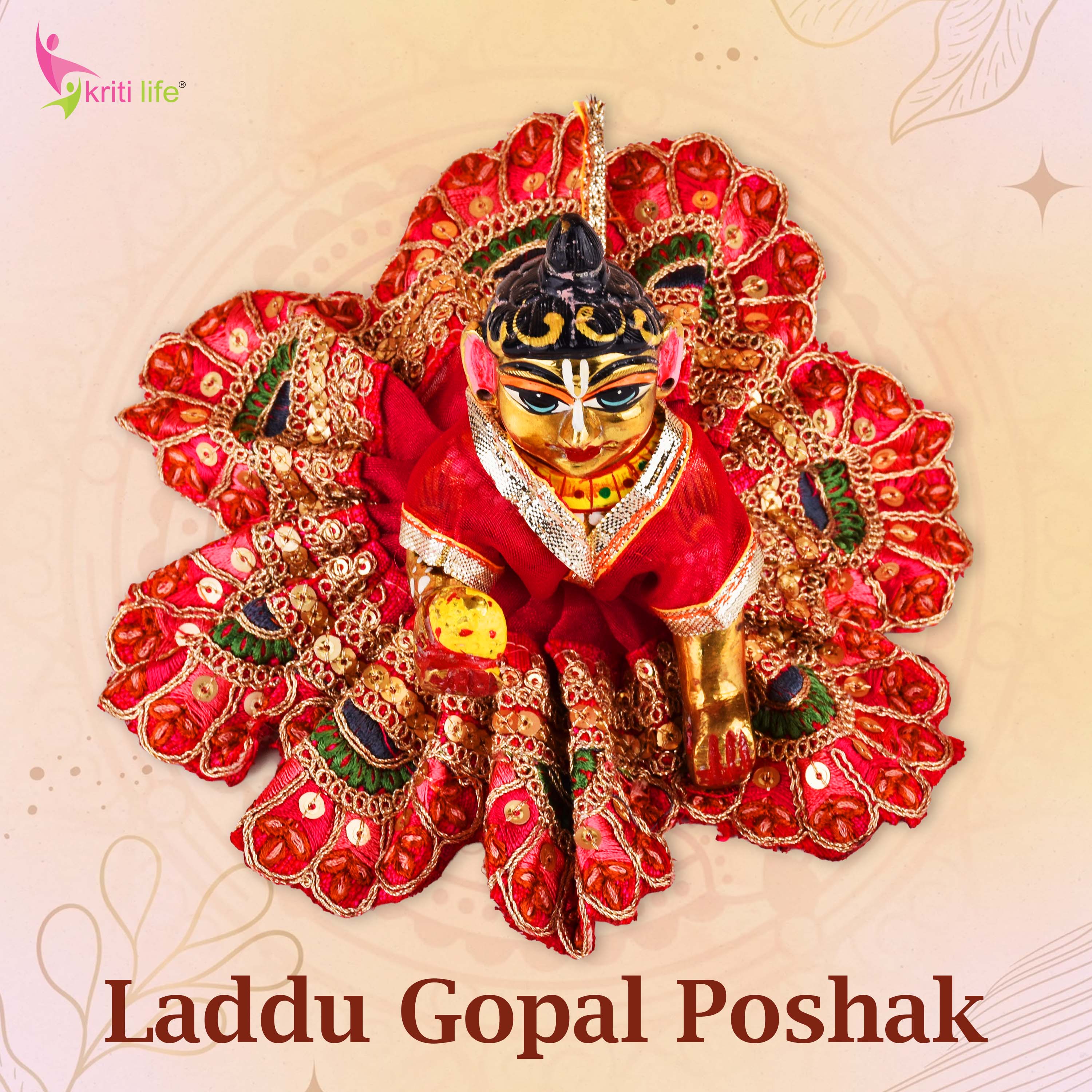 Laddu Gopal Dress for 4 Inch Idol | Red Ethnic Traditional Poshak with Embroidery and Sequins