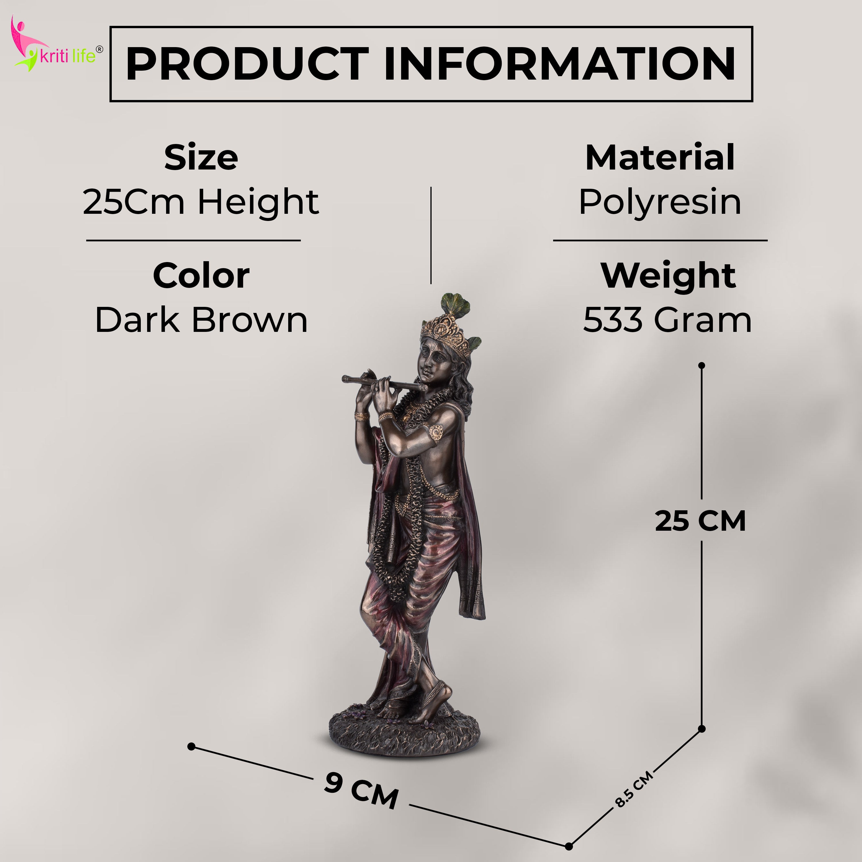 Lord Krishna Flute Idol | 10 inches | – Polystone Statue with Antique Finish for Home Temple & Gift