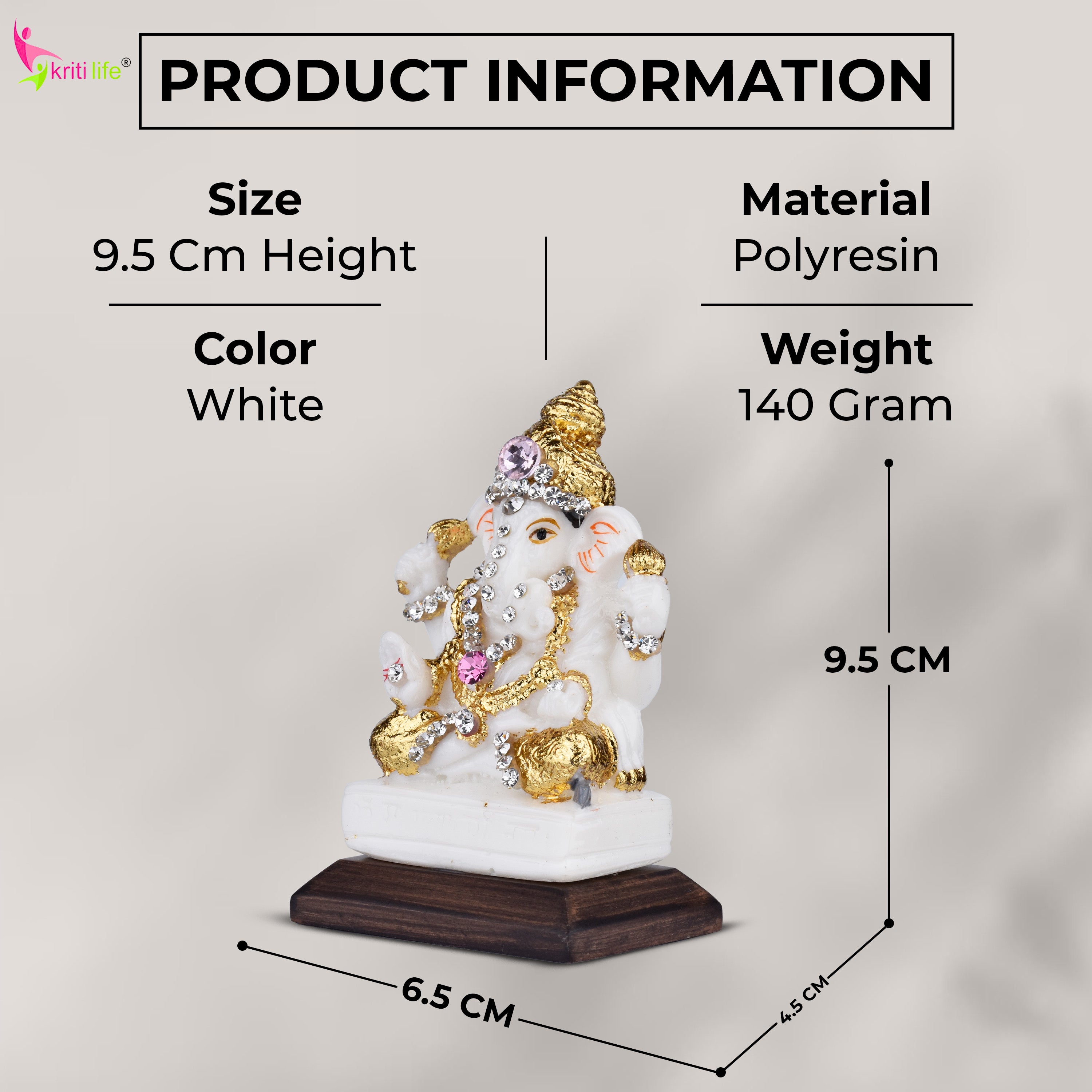 Lord Ganesha Idol with Decorative Stones – 3.5 inches - White & Gold Polyresin Statue for Home & Office