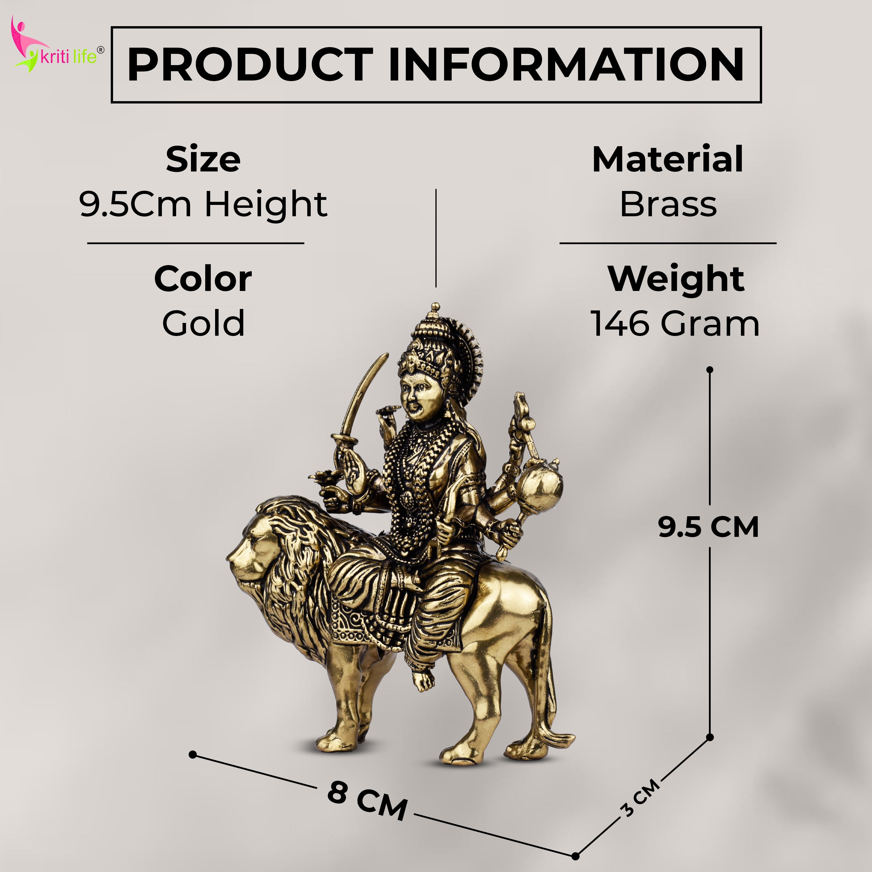 Brass Goddess Durga Idol on Lion | 3 inches | Handcrafted Divine Shakti Statue for Home Temple
