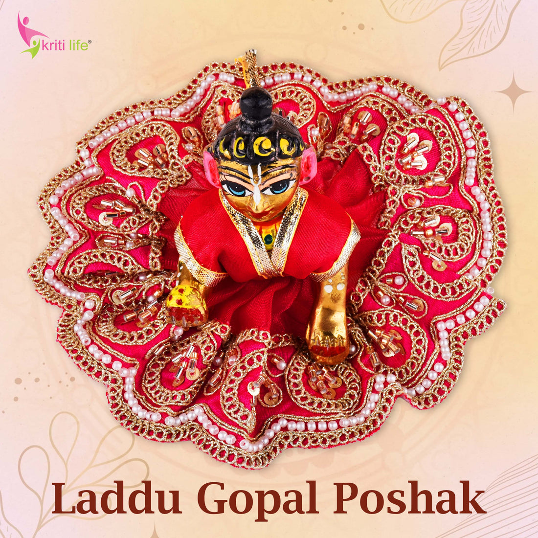 Traditional Red Laddu Gopal Dress for 4 Inch Idol – Golden Beads & Sequin Work Poshak