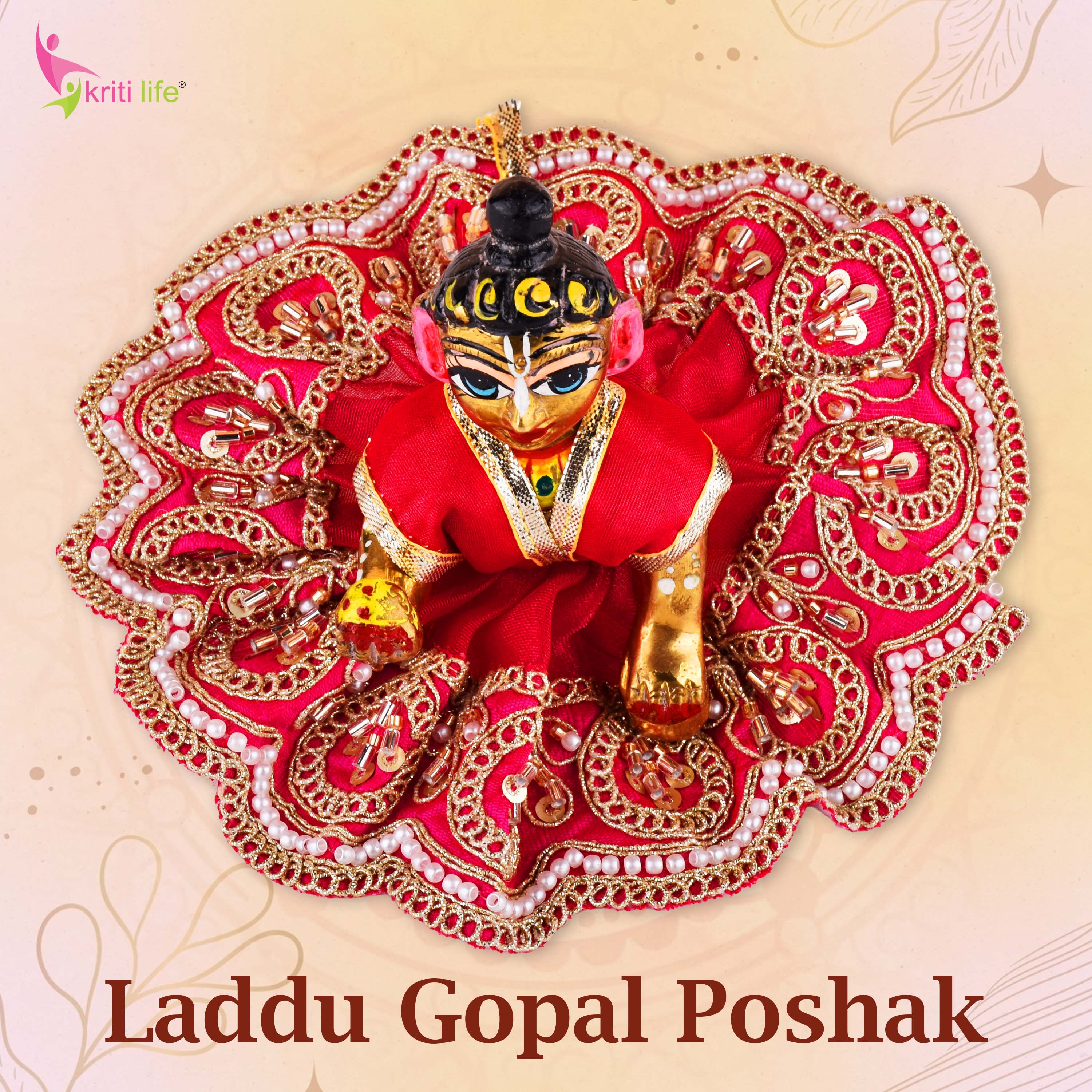Traditional Red Laddu Gopal Dress for 4 Inch Idol – Golden Beads & Sequin Work Poshak
