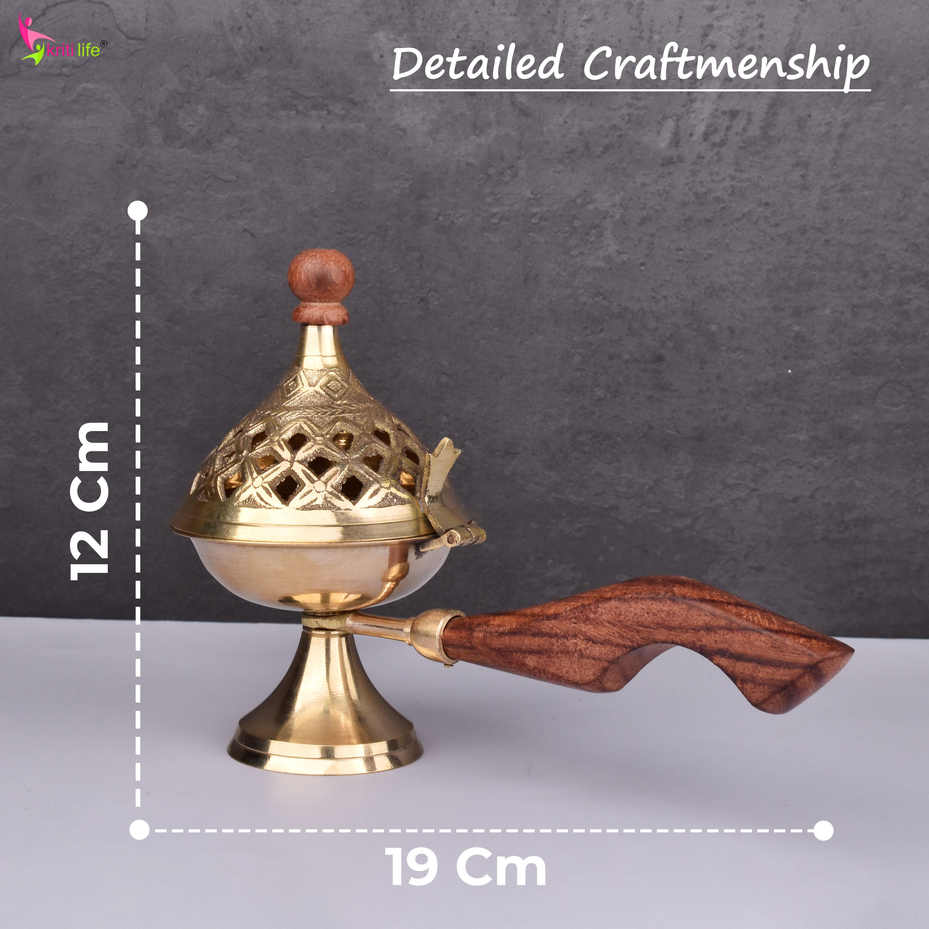 Brass Dhupiya with Wooden Handle | Traditional Jaali Dhoop Burner- 4.5 inches for Pooja