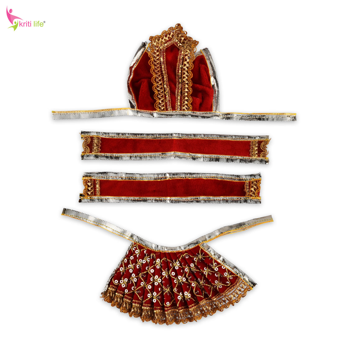 Velvet Red Radha Krishna Dress Set for 4 Inch Idol – Rich Embroidered Vastra with Golden Lace