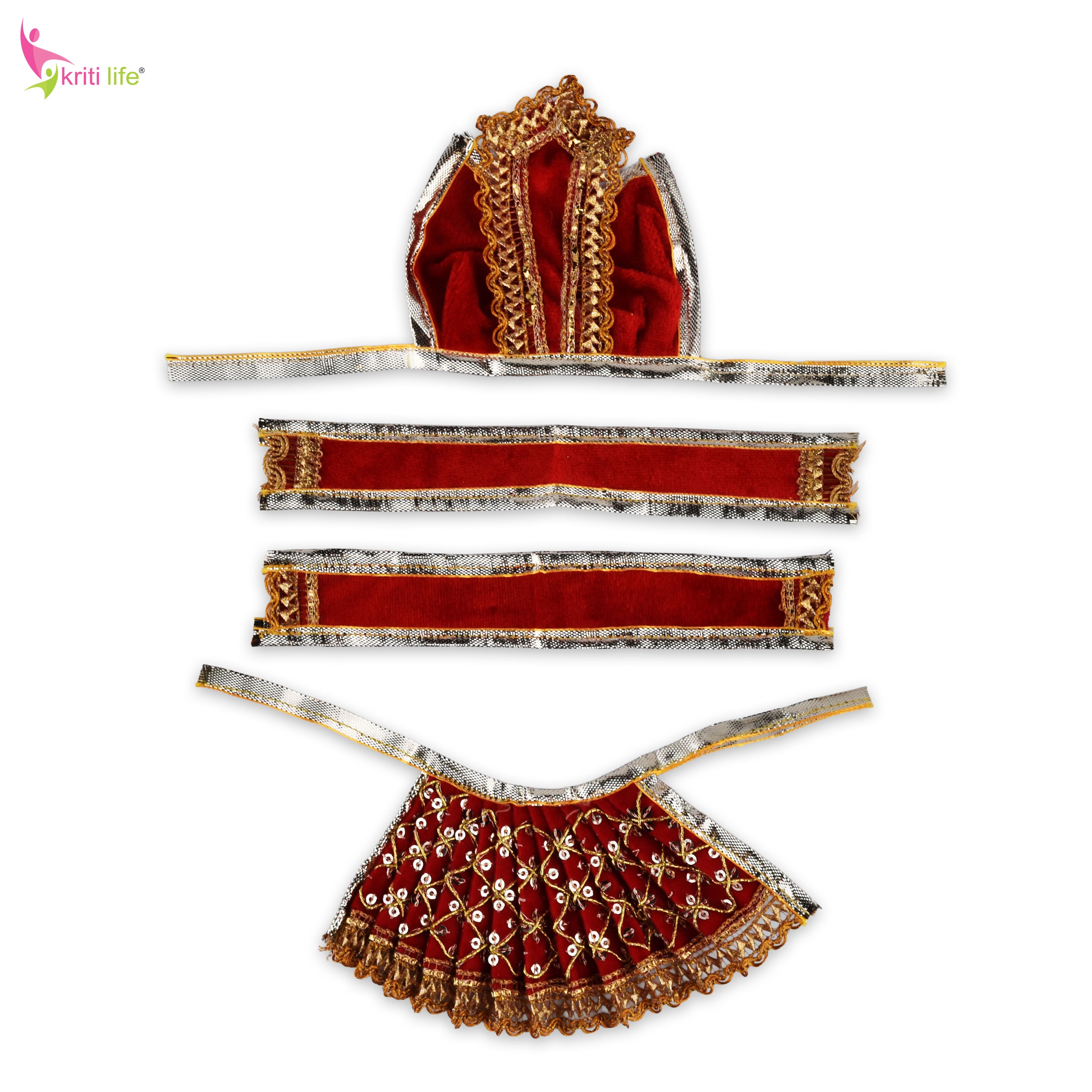 Velvet Red Radha Krishna Dress Set for 4 Inch Idol – Rich Embroidered Vastra with Golden Lace