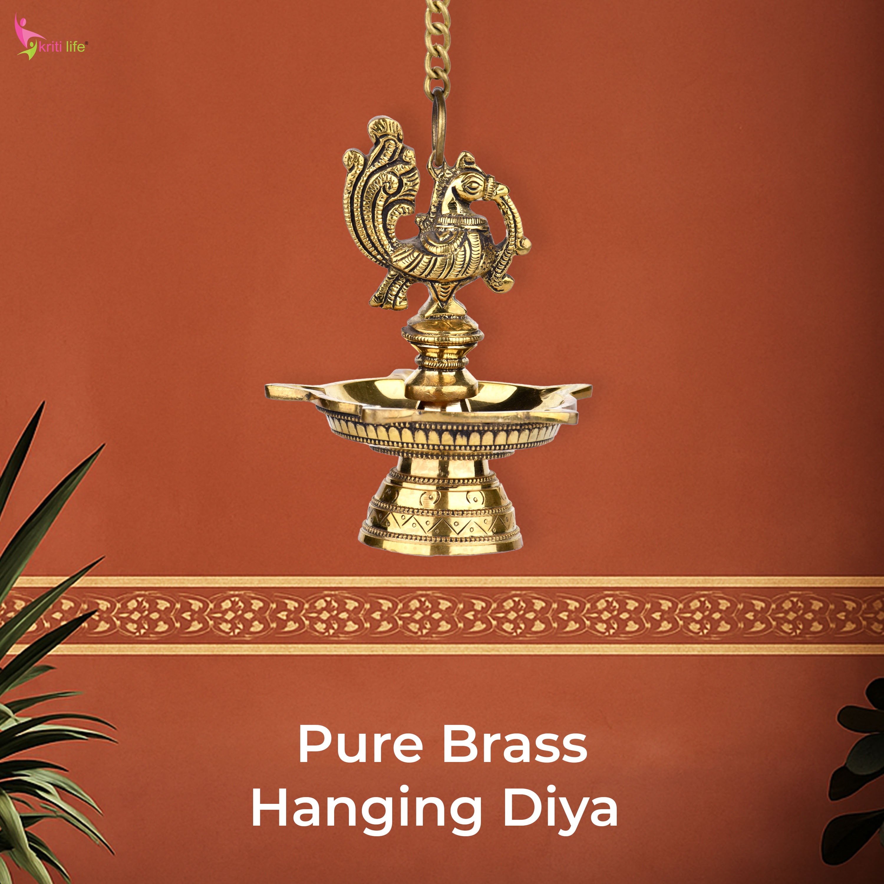 Brass Hanging Peacock Wall Mount Diya with Chain | 47 cm Hight |