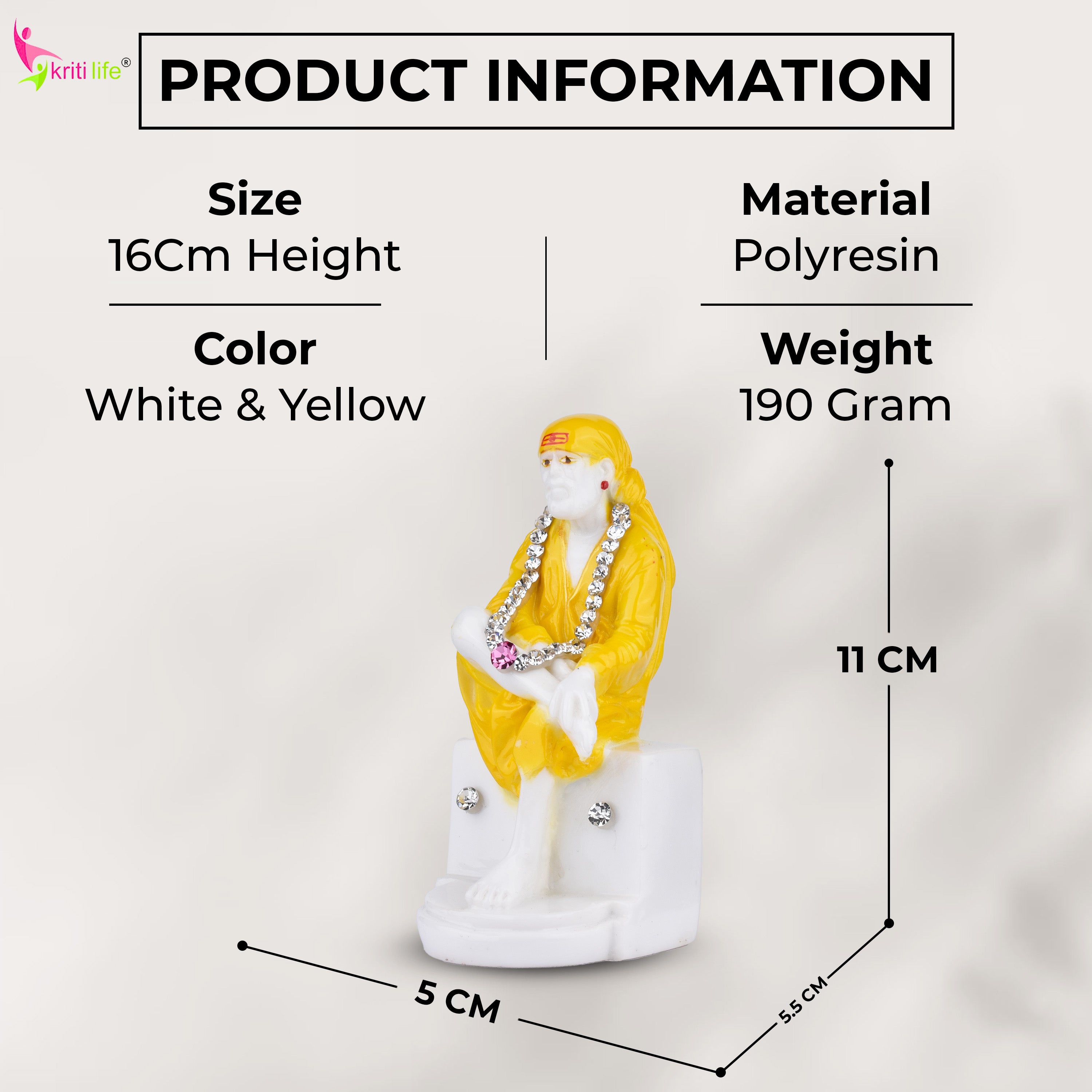 Shirdi Sai Baba Idol – 4 inches - Yellow Robe Polyresin Statue with Decorative Stone Garland