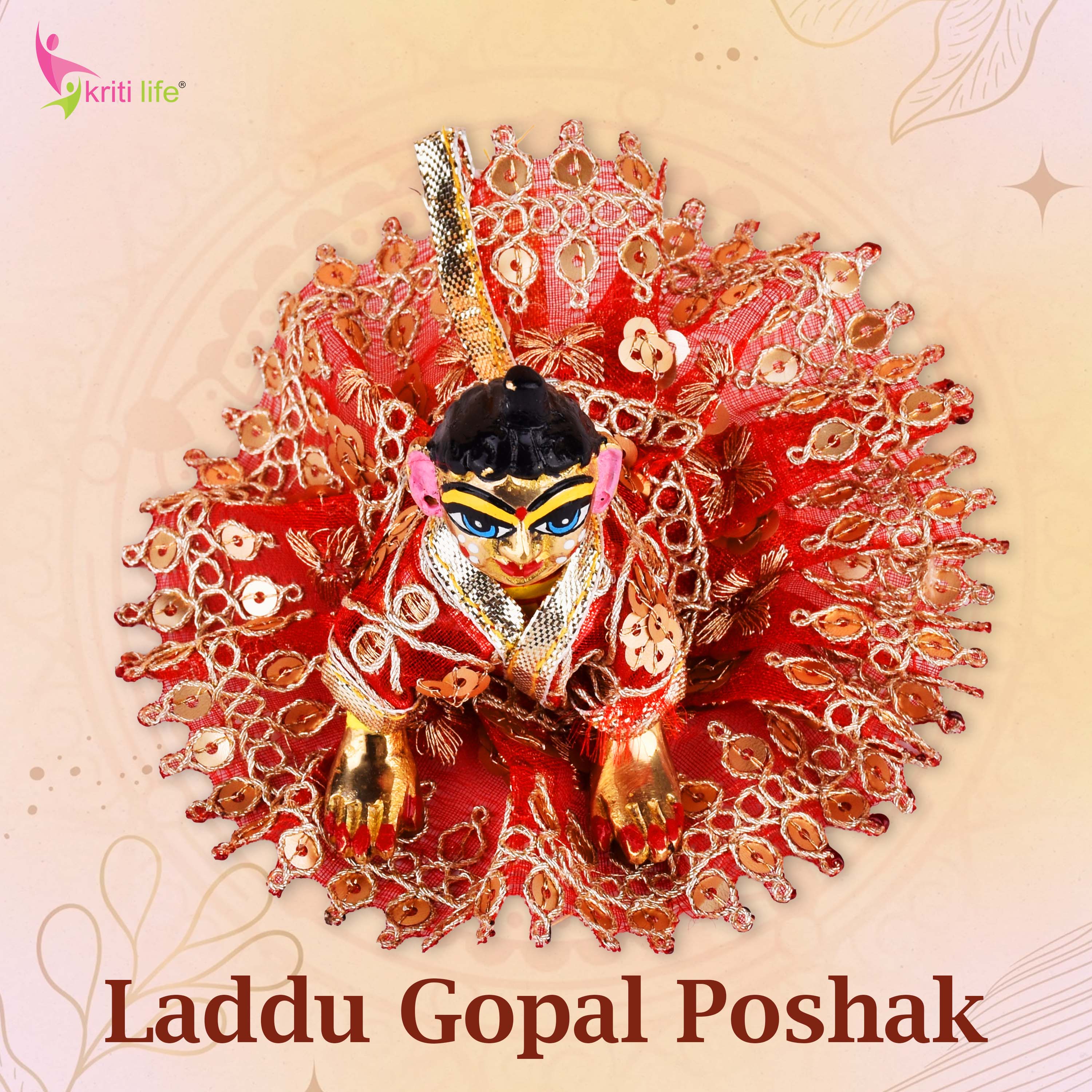 Elegant Red Sequin Embroidered Laddu Gopal Dress for 2.5 Inch Idol