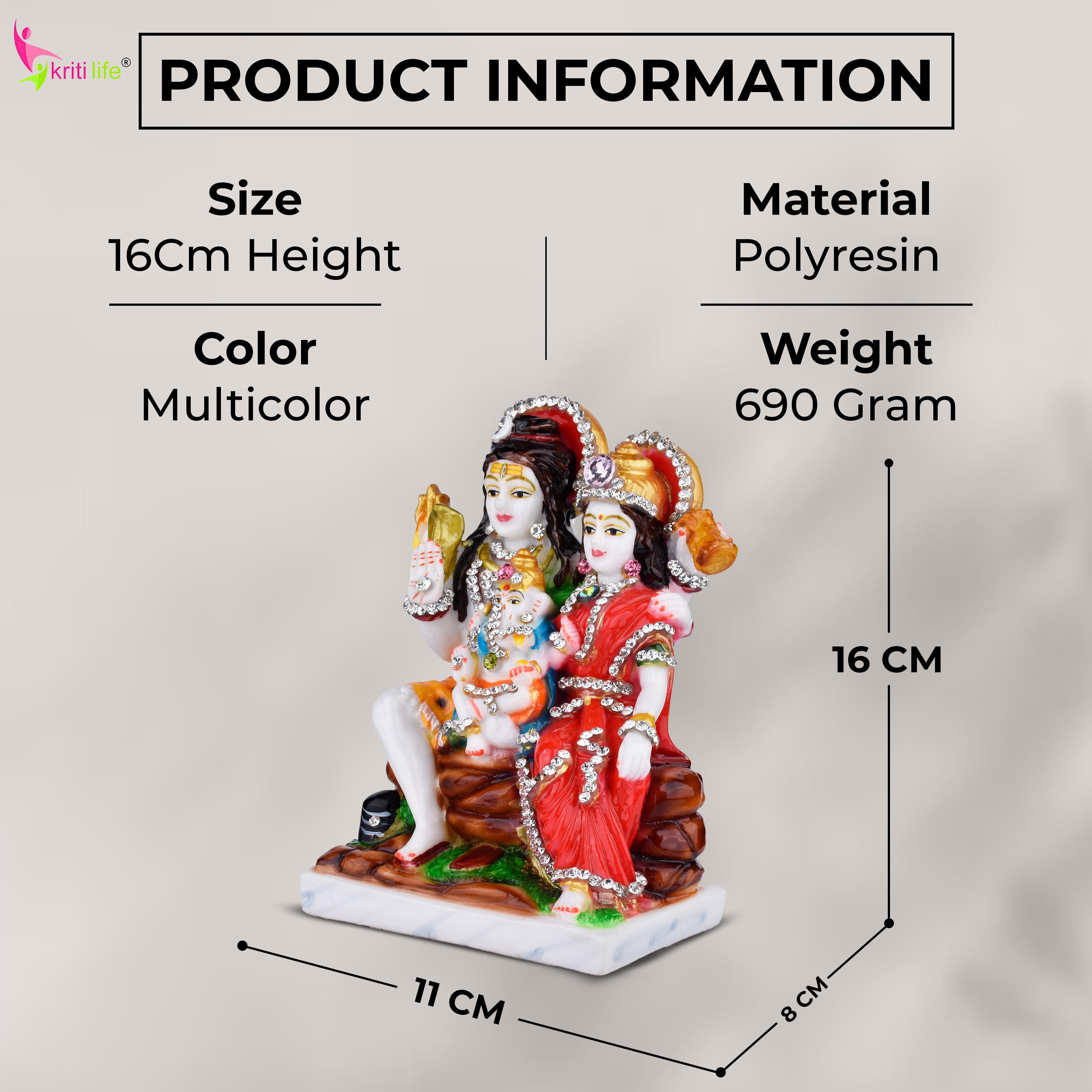 Shiva Parivar Idol | 6 inches | Polyresin Lord Shiva, Parvati & Ganesha Statue with Decorative Stonework