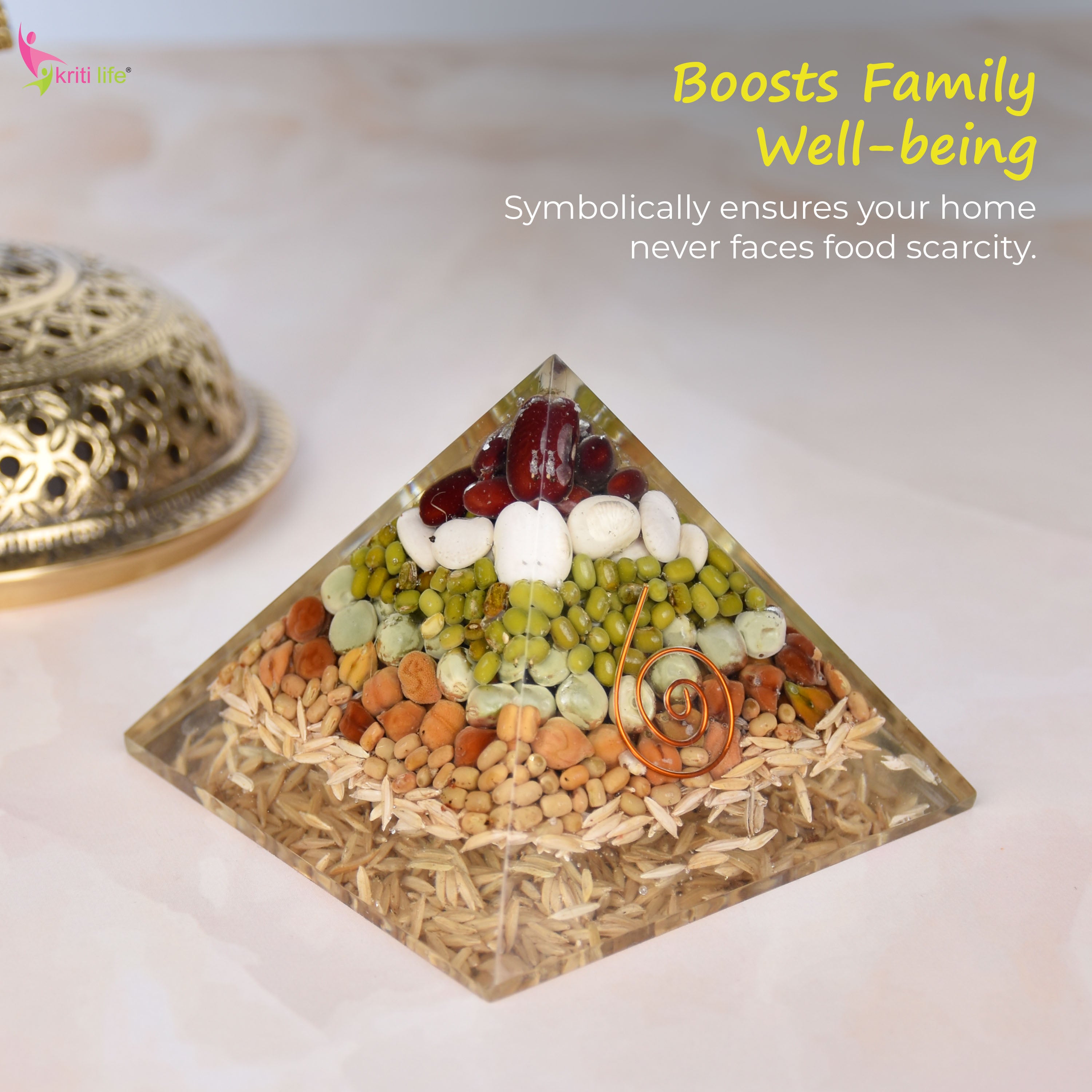 Annapurna Pyramid | Energised Grain Pyramid with Cowries & Copper Coil for Prosperity & Food Abundance