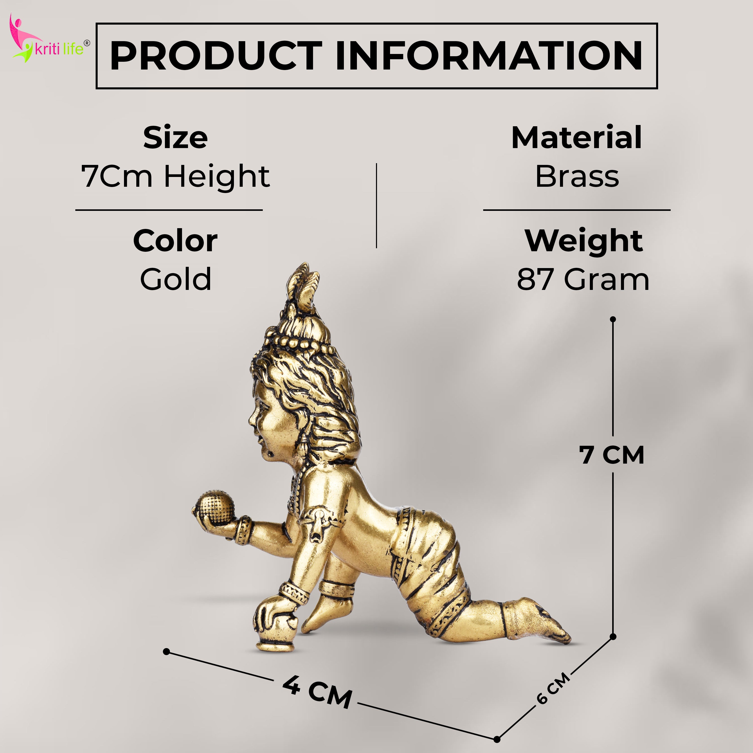 Brass Laddu Gopal Idol | Bal Gopal (Baby Krishna) | 3 inches | Crawling Murti for Pooja & Home Décor