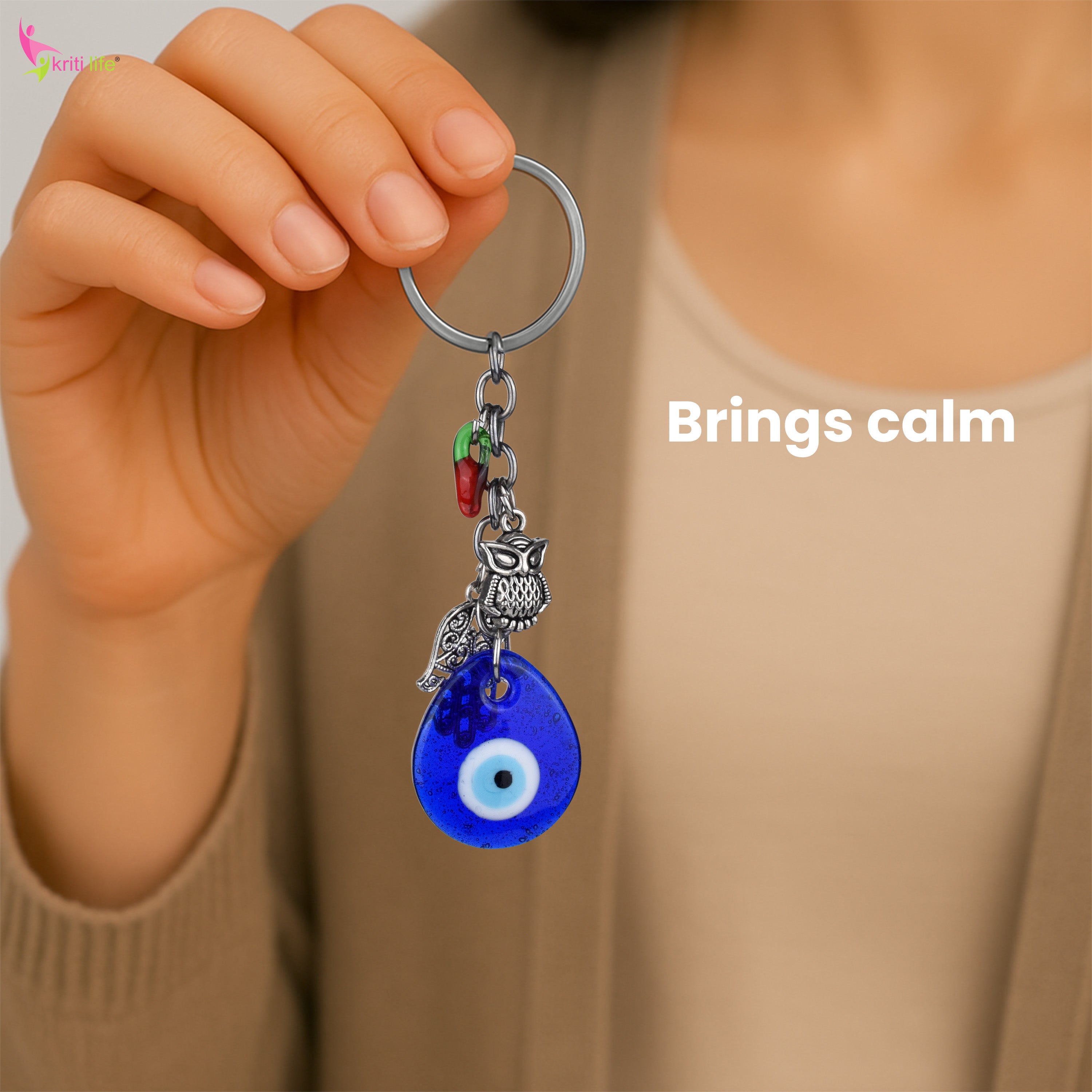 Evil Eye Keychain with Owl, Hamsa & Chilli Charm | Protection from Negativity & Stylish Accessory- 12 cm Hight