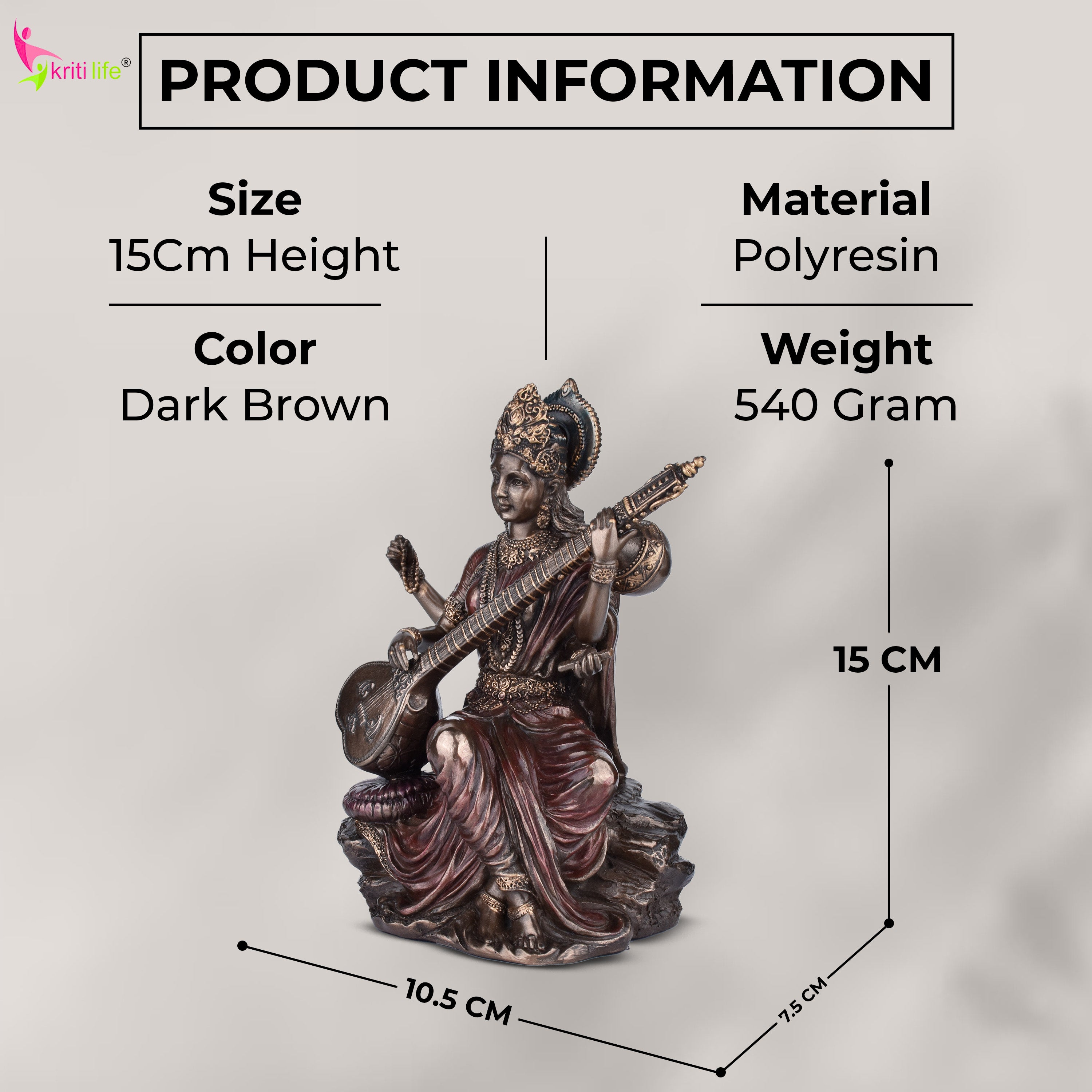 Elegant Saraswati Idol in Polyresin | 6  inches | – Handcrafted Goddess of Knowledge Figurine for Home & Office Décor