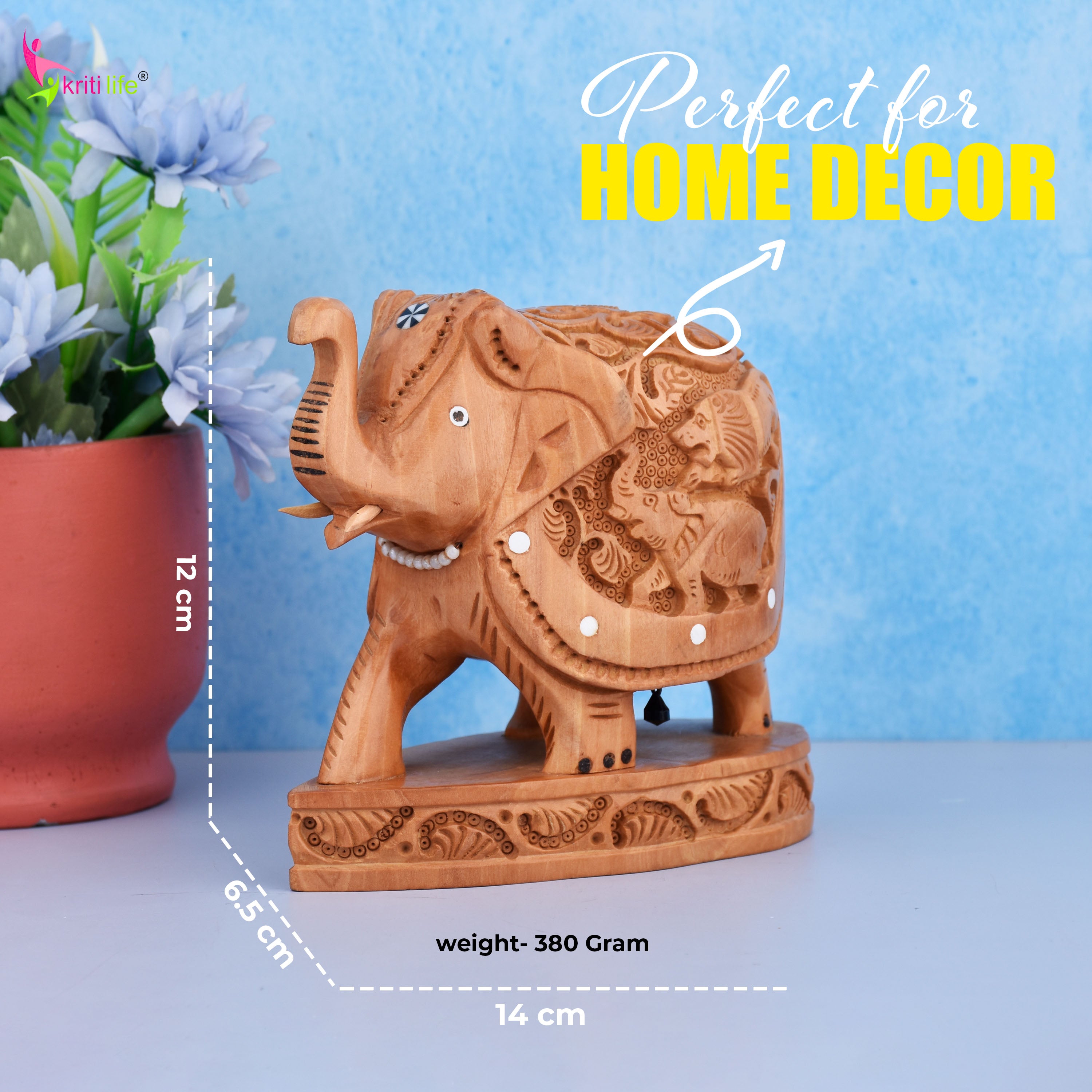 Wooden Elephant Showpiece | Detailed Animal Carving Decor- 5.5 inches