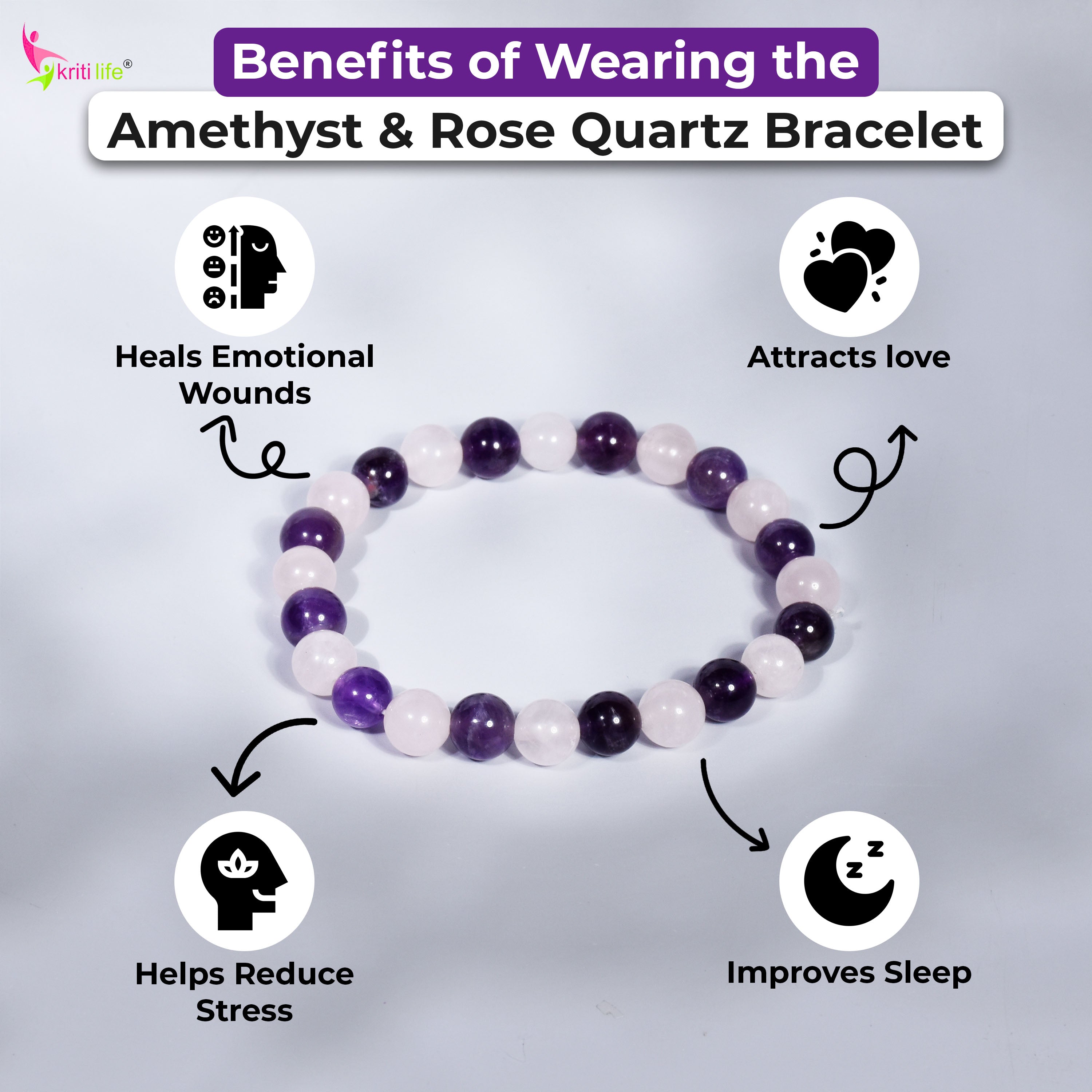 Natural Amethyst  & Rose Quartz Crystal Stone Bracelet 8mm