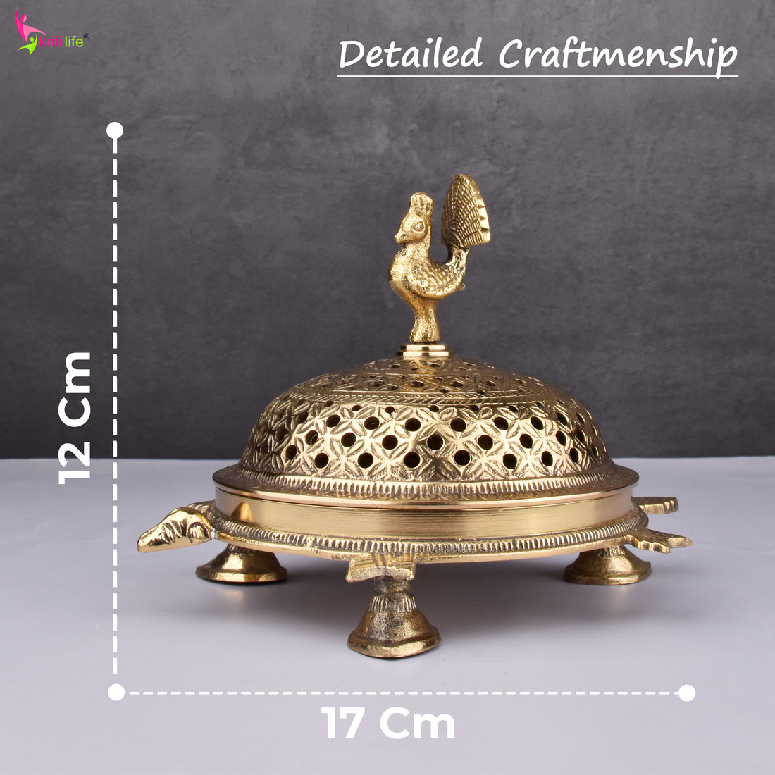 Handcrafted Brass Tortoise Dhupiya | Traditional Dhoop Burner with Peacock Lid | 7 inches