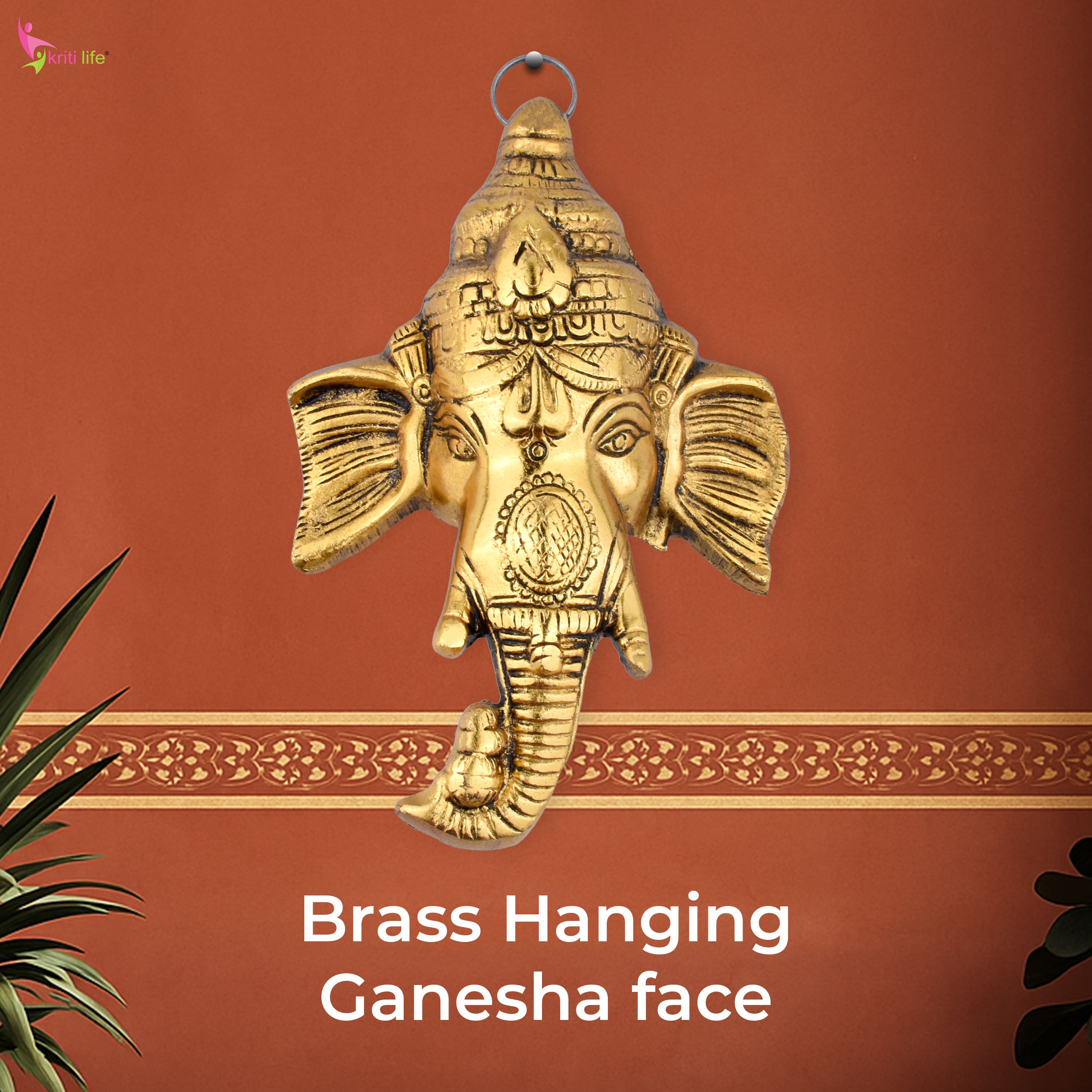 Brass Ganesha Wall Mount | Ethnic Ganpati Face for Home & Office Decor- 7 inches